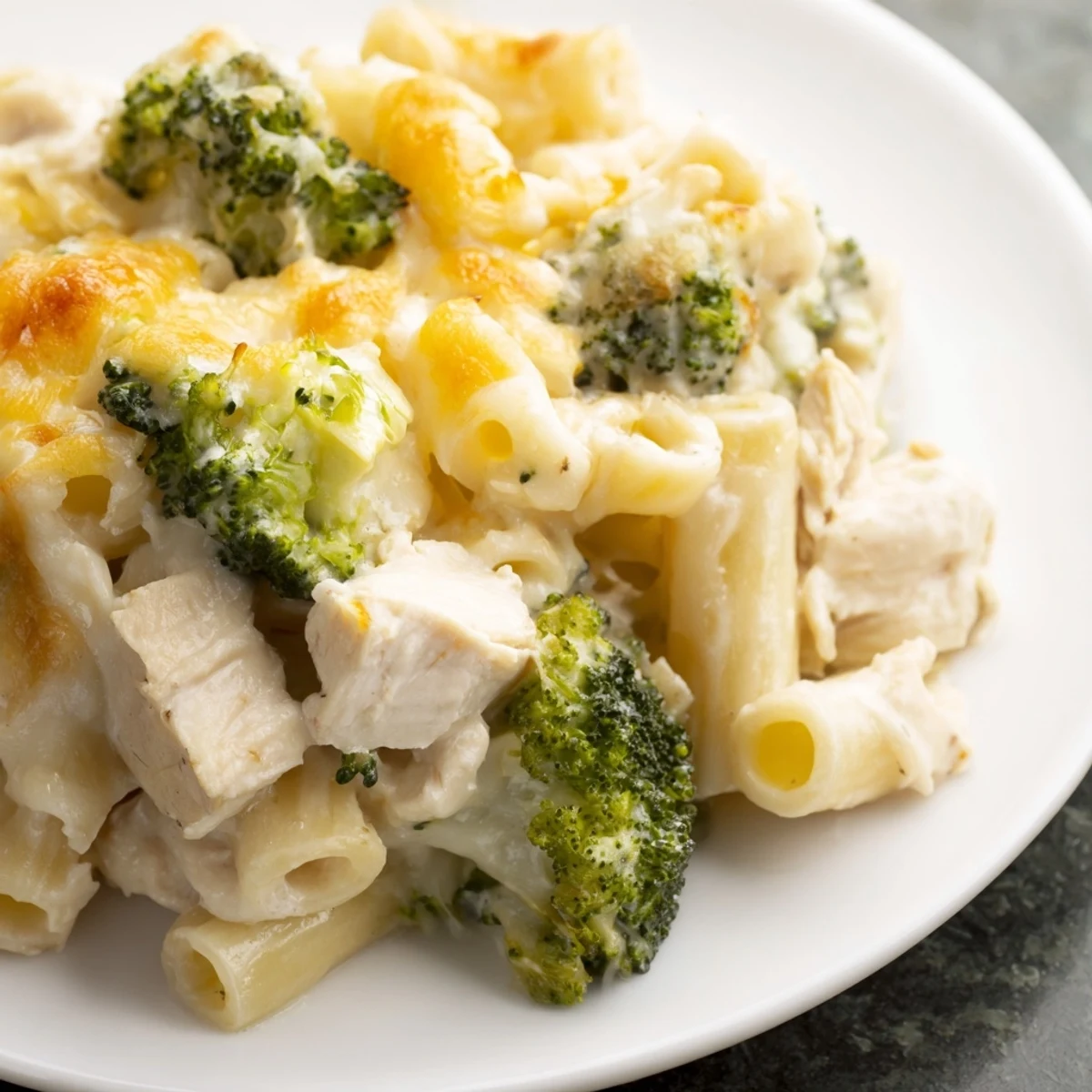 A close-up of Chicken Alfredo Bake with Broccoli shows golden, bubbling cheese over creamy pasta and tender chicken.
