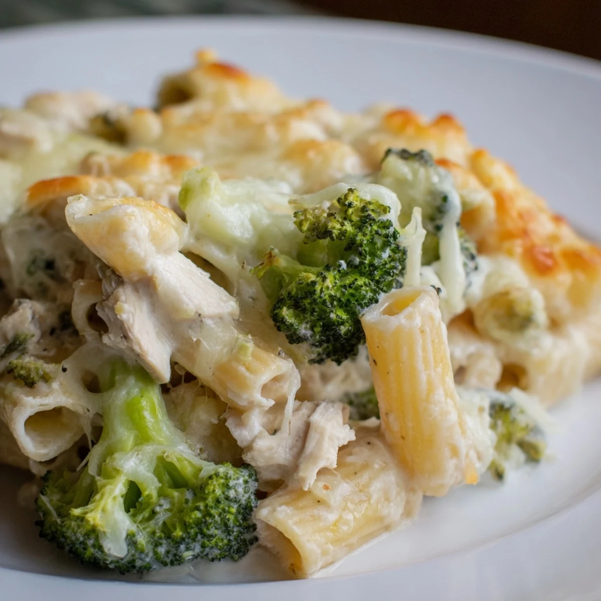 A serving of Chicken Alfredo Bake with Broccoli features bright green florets, al dente penne, and savory Alfredo sauce.