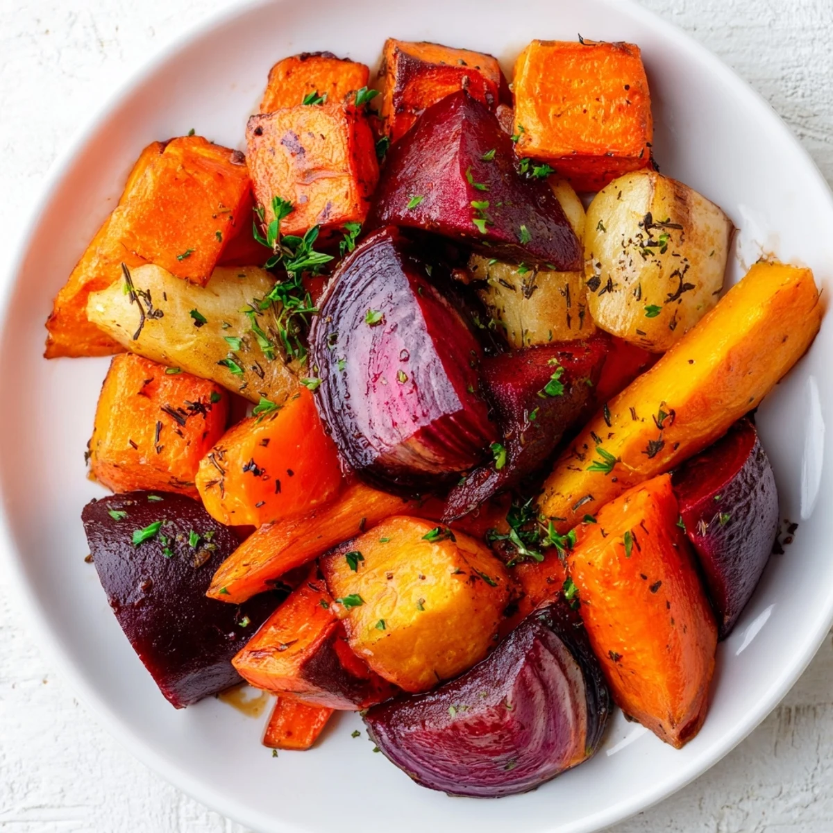 Overhead shot of Roasted Root Vegetables with Balsamic on a rustic platter, garnished with fresh parsley.