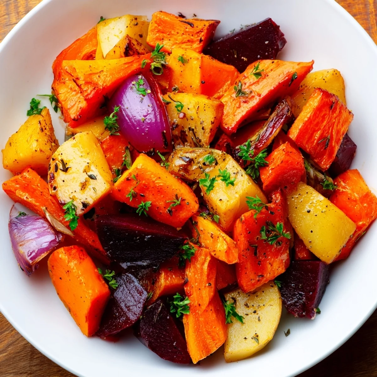 A close-up of roasted root vegetables with balsamic glaze, carrots and parsnips glistening and caramelized.