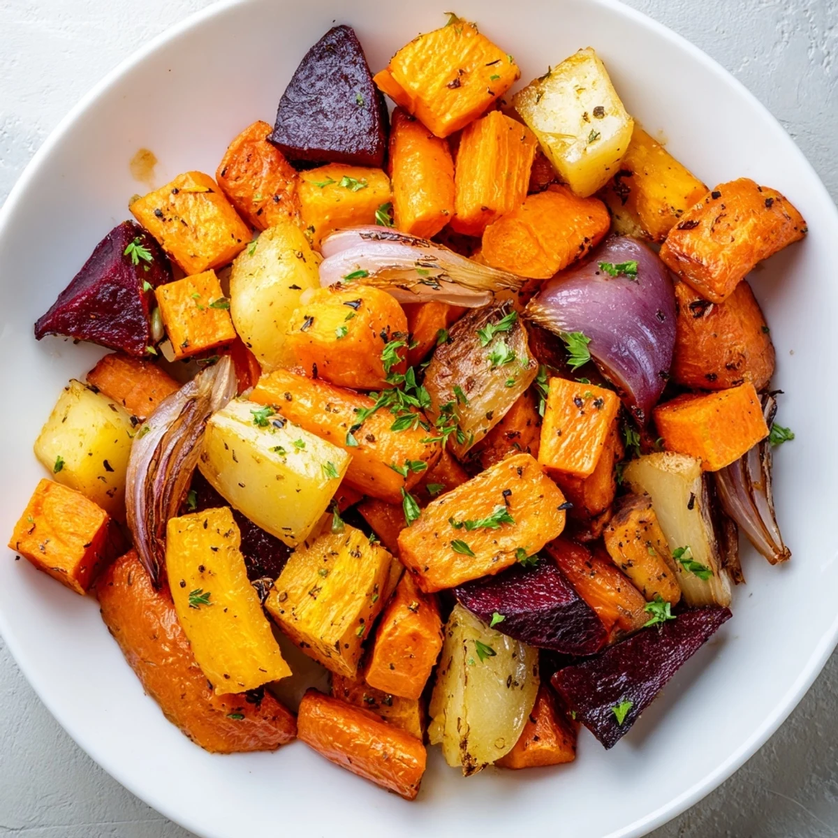 A hearty serving of Roasted Root Vegetables with Balsamic alongside grilled chicken, perfect for a fall dinner.
