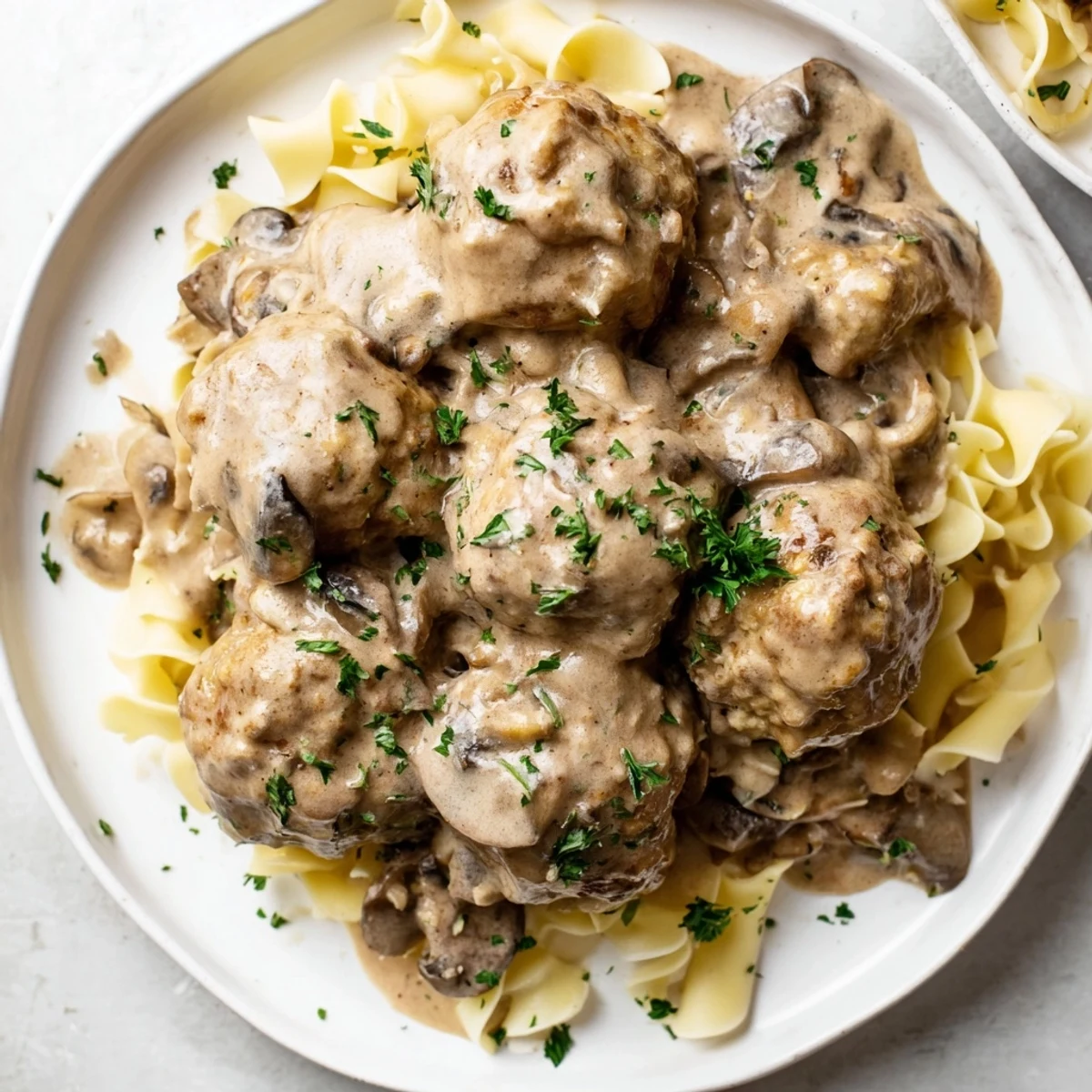 Tender baked turkey meatballs swim in a creamy mushroom sauce atop a nest of golden egg noodles, steaming gently.
