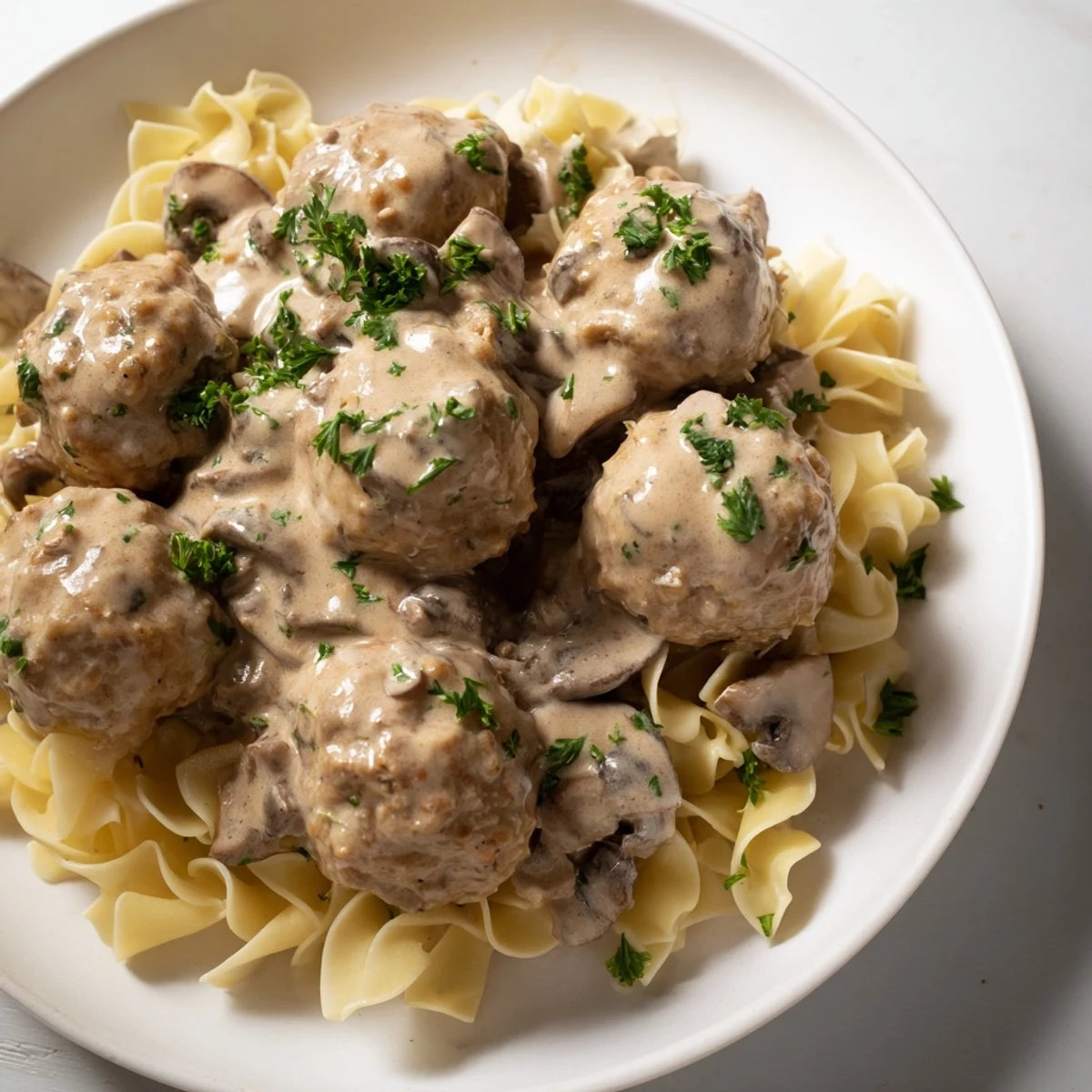 Hearty turkey meatball stroganoff in a rustic bowl, the velvety mushroom sauce clinging to each bite-sized meatball.