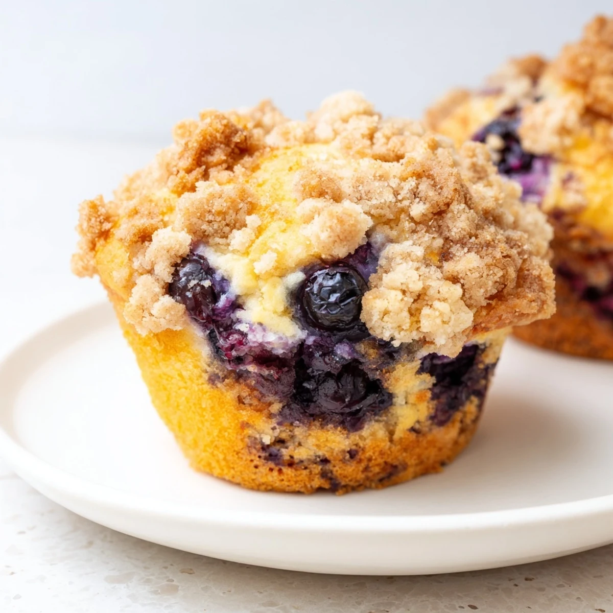 Golden-brown Lemon Blueberry Muffins with crumbly streusel topping sit on a cooling rack, dotted with juicy blueberries.  