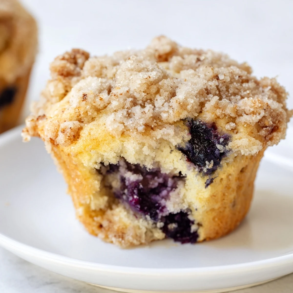 Freshly baked Lemon Blueberry Muffins with streusel peek out from a muffin tin, steam rising from warm fruit.  