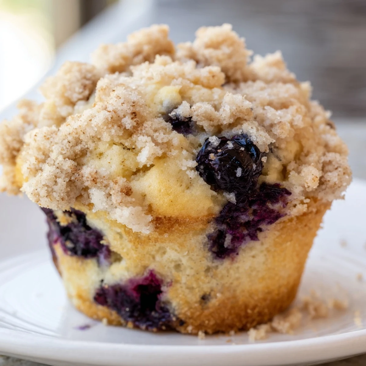 Close-up of a tender Lemon Blueberry Muffin with streusel, bursting with blueberries and bright lemon zest.