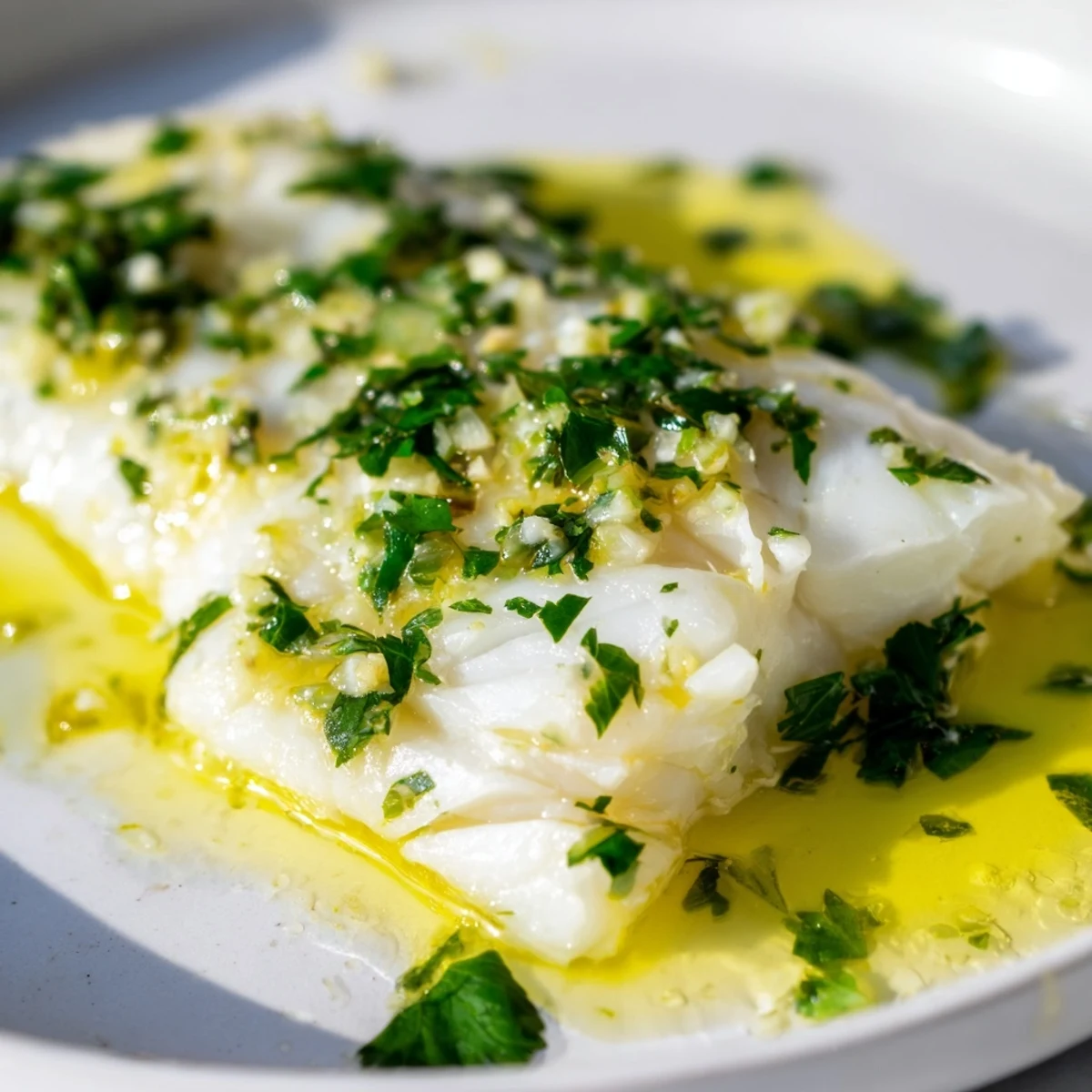 Tender baked halibut fillets in a bright lemon butter sauce garnished with fresh parsley.  