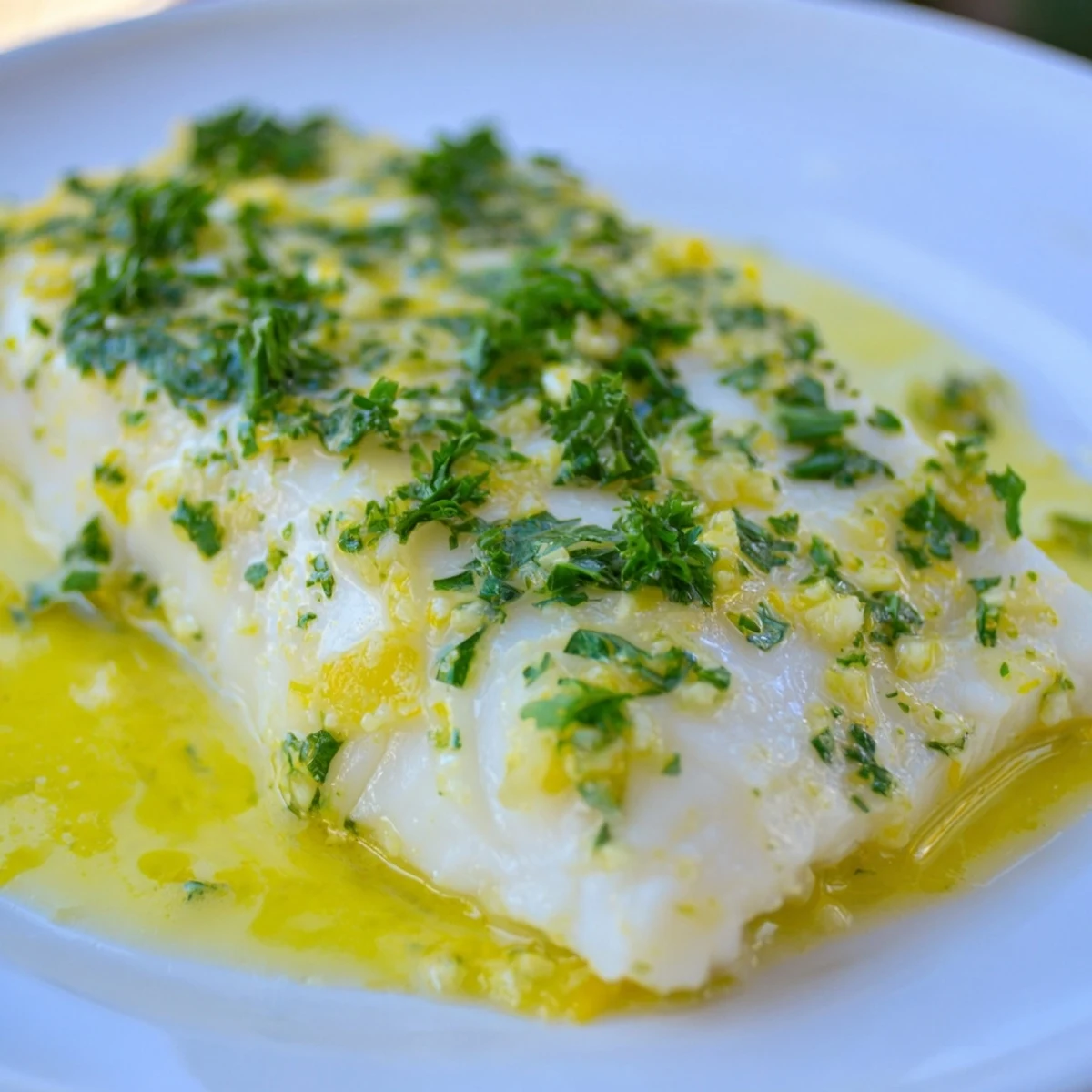 Golden baked halibut with lemon butter sauce, served alongside steamed green beans and rice.  