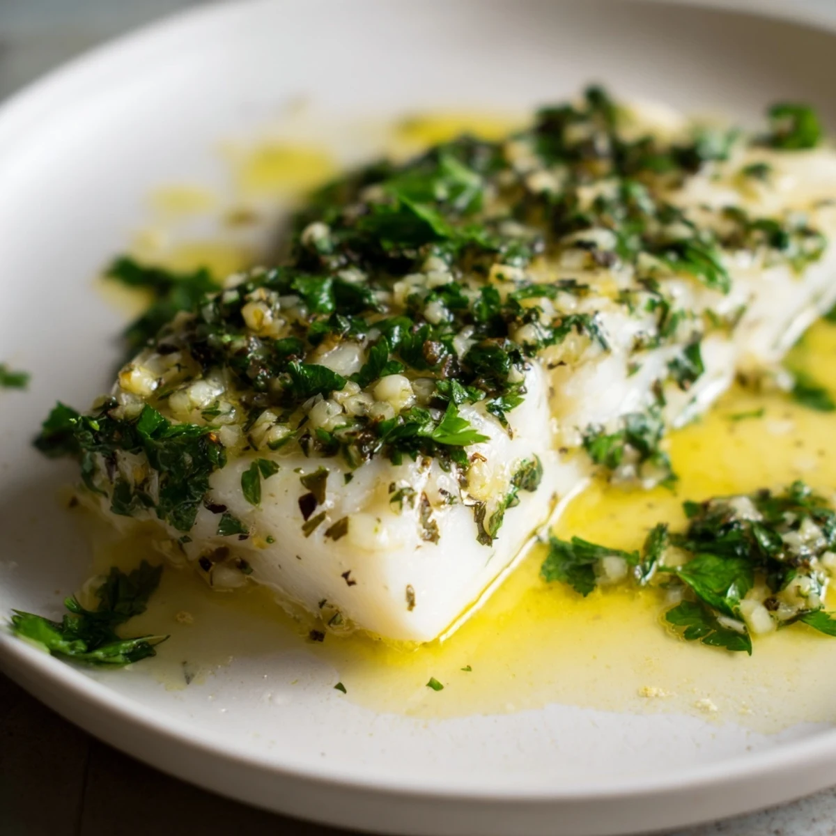 Flaky halibut fillet topped with melted lemon butter, garlic, and herbs on a white plate.