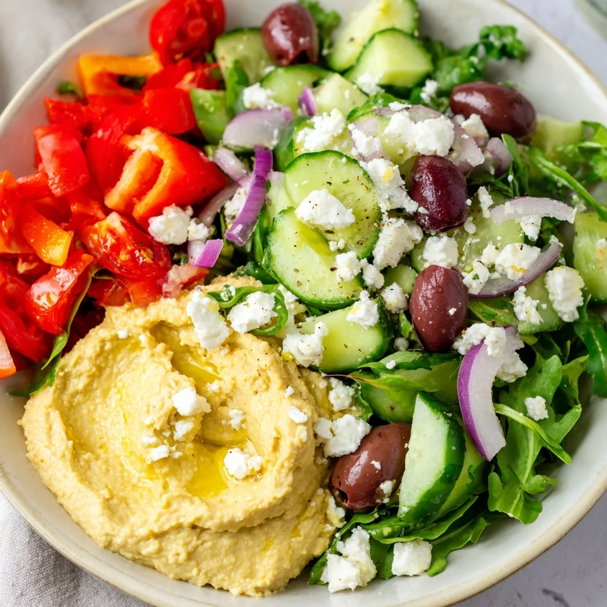 This Mediterranean Salad with Hummus blends crisp veggies, tangy feta, and olives, finished with a generous scoop of homemade hummus.