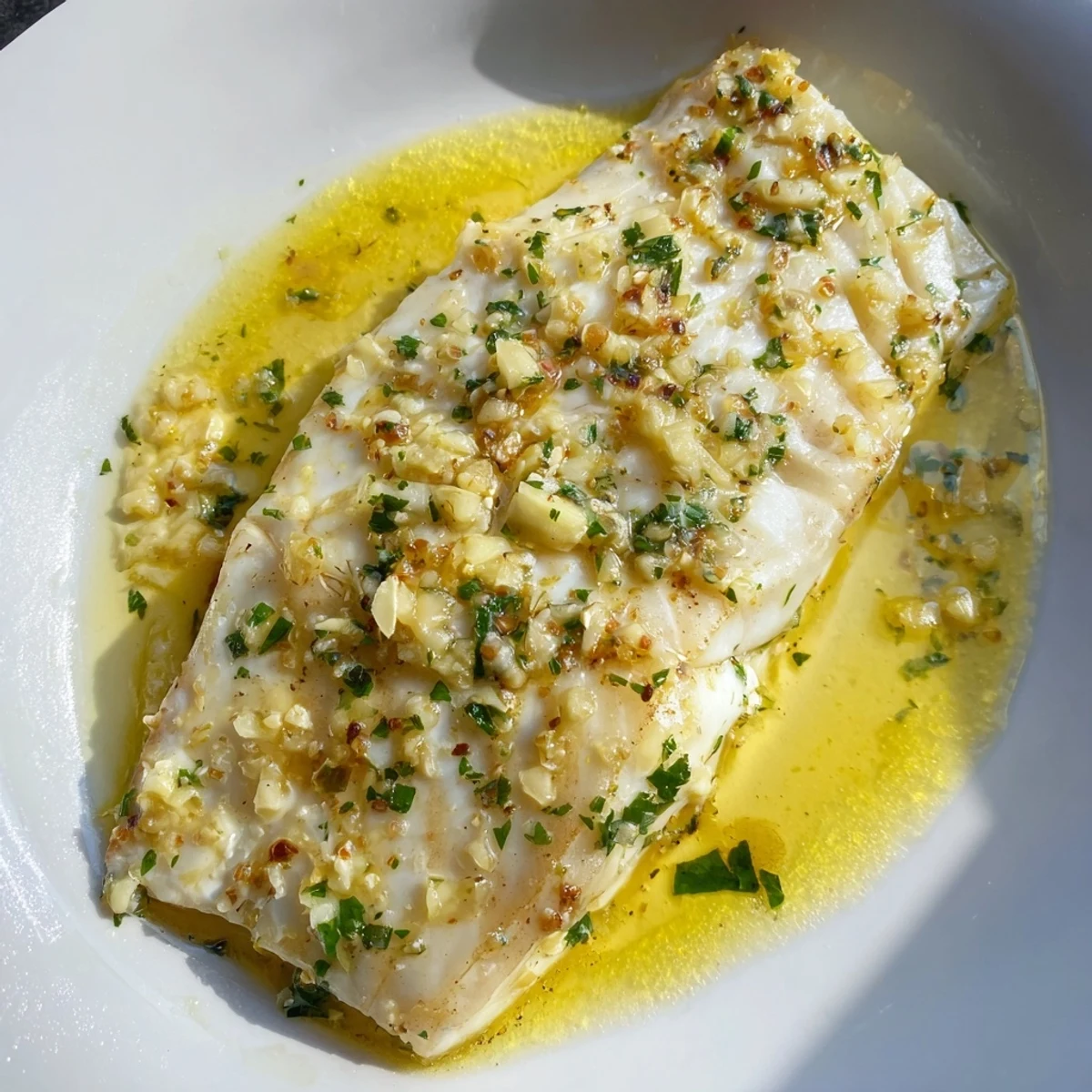 Tender baked halibut fillets coated in a rich garlic butter sauce, glistening with fresh lemon zest and parsley.  