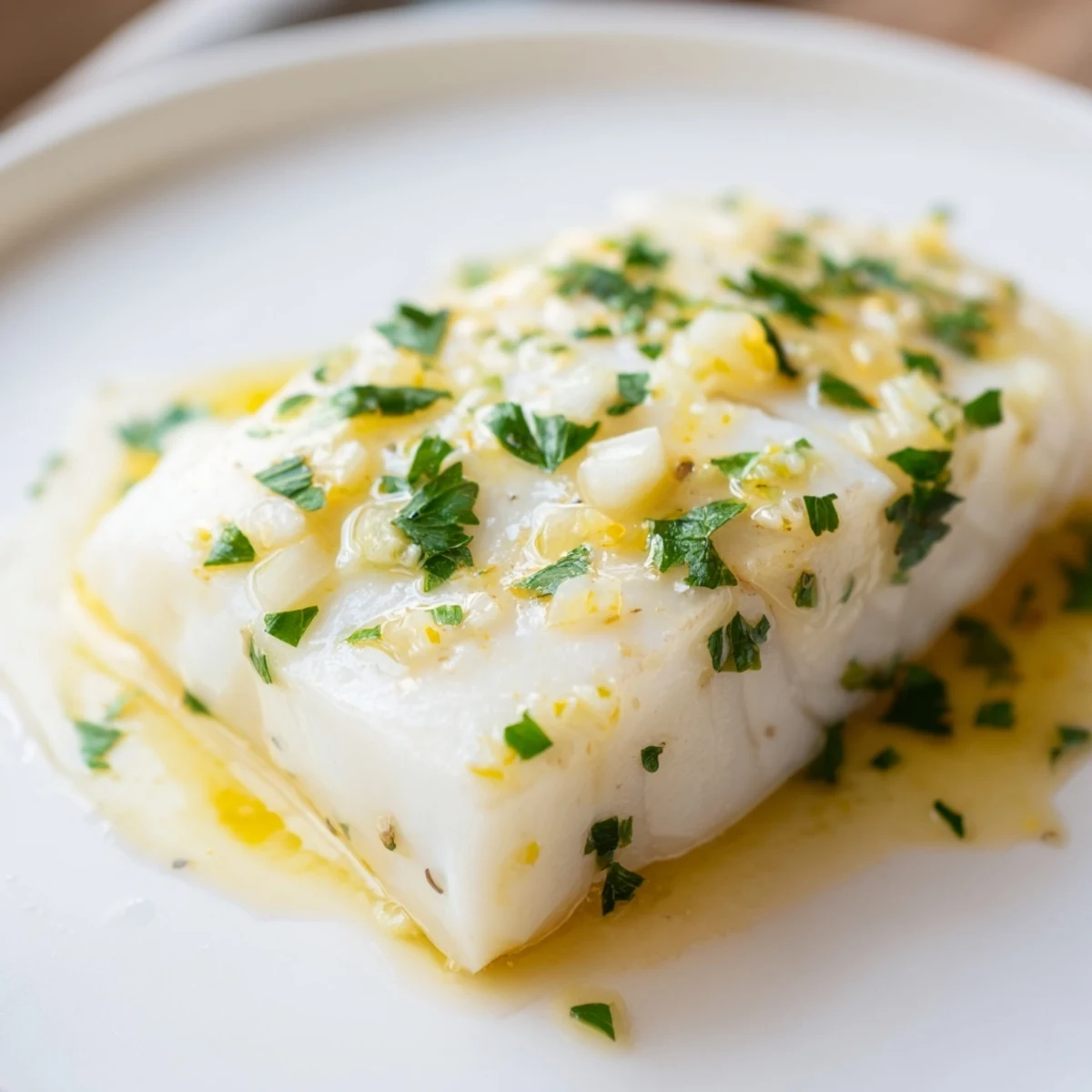Perfectly cooked baked halibut with minced garlic and buttery glaze, ready to serve with roasted vegetables.