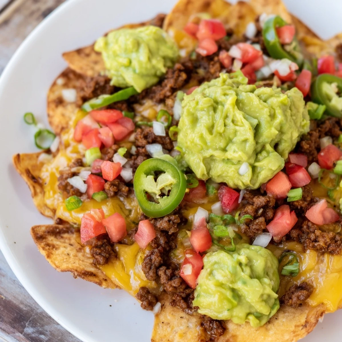 Hearty Beef Nachos with Guacamole are piled high with toppings and served hot from the oven.