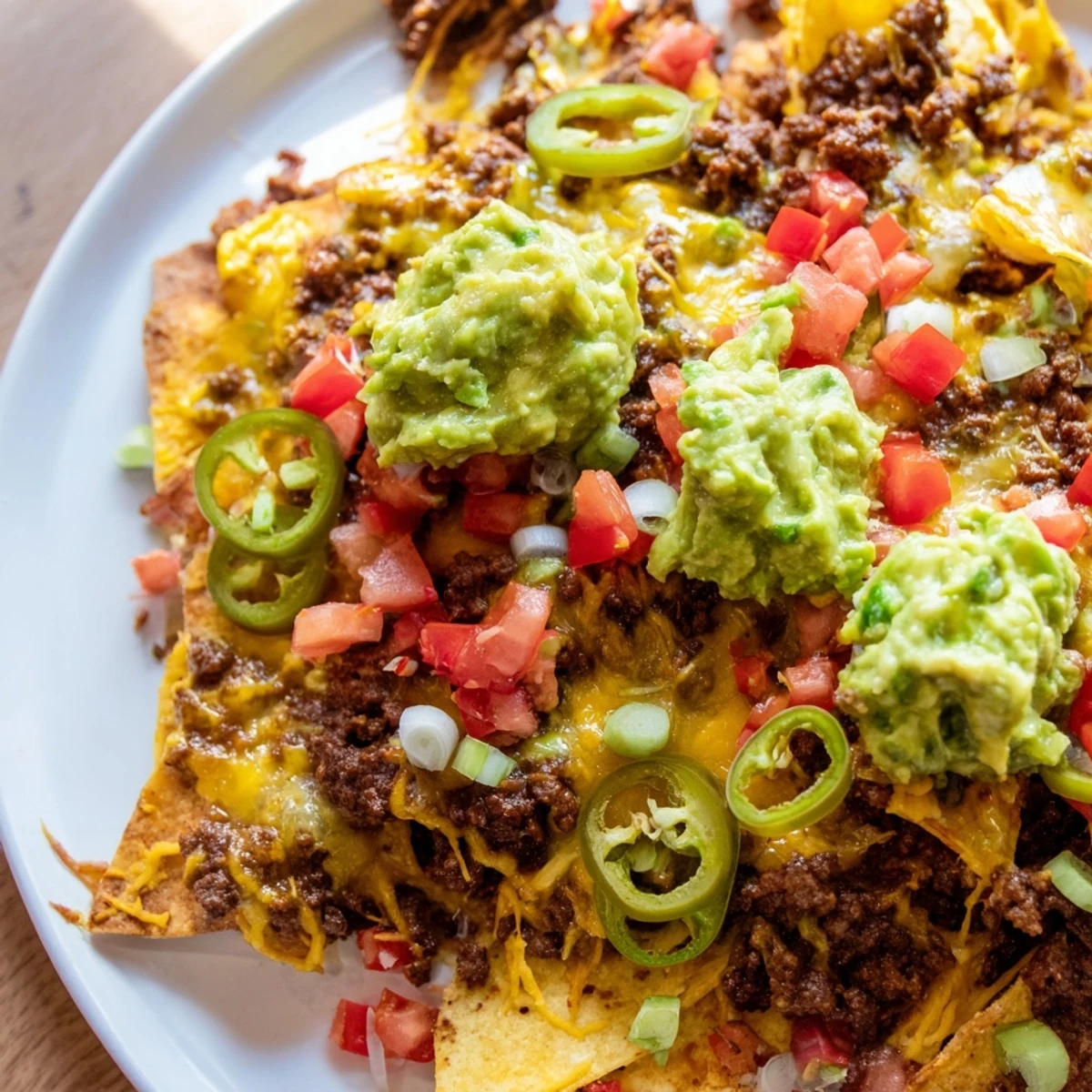 Colorful Beef Nachos with Guacamole feature fresh diced tomatoes, jalapeños, and creamy avocado on warm chips.