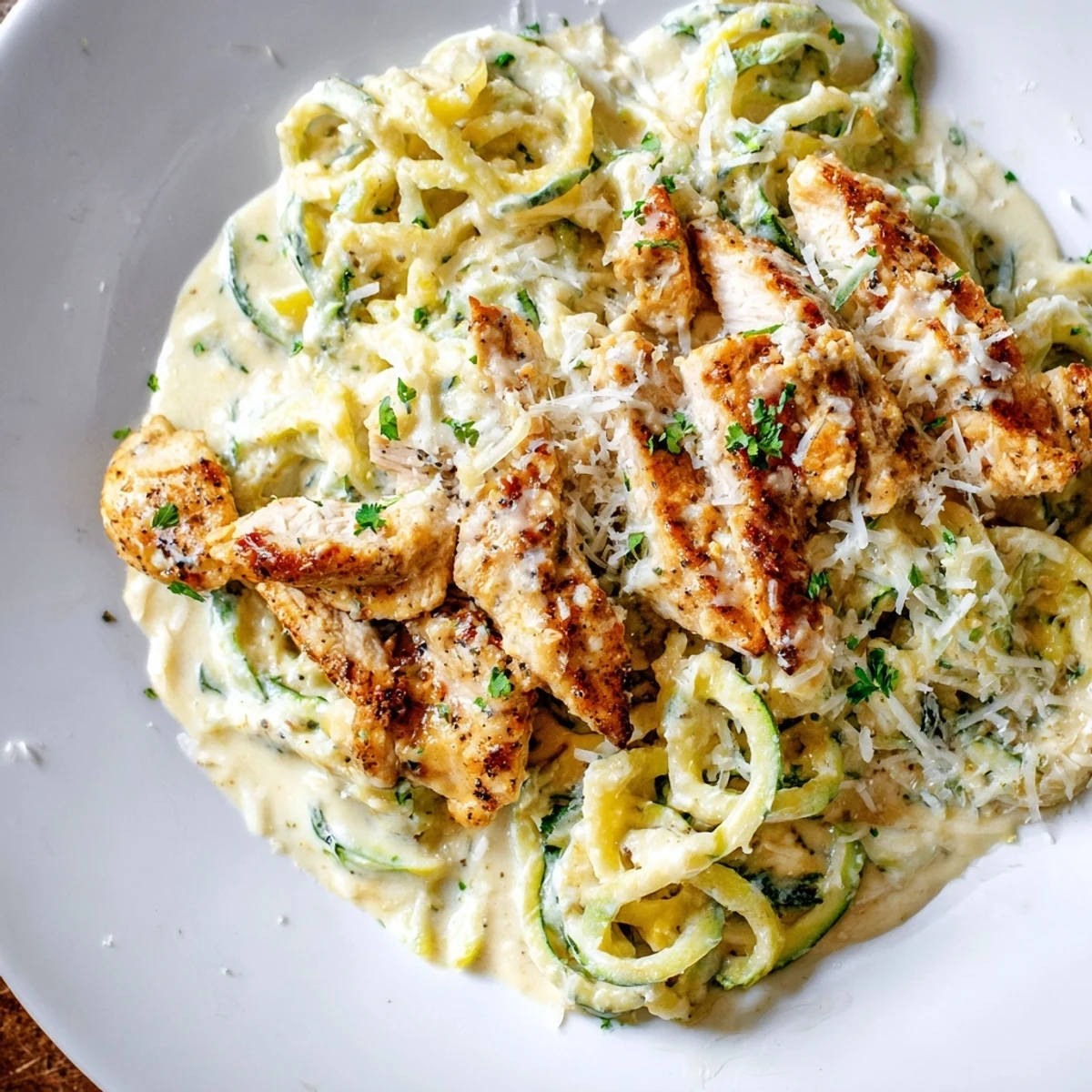 Spiralized zucchini noodles in rich Alfredo sauce tossed with tender chicken, ideal for a low-carb dinner in under 40 minutes.