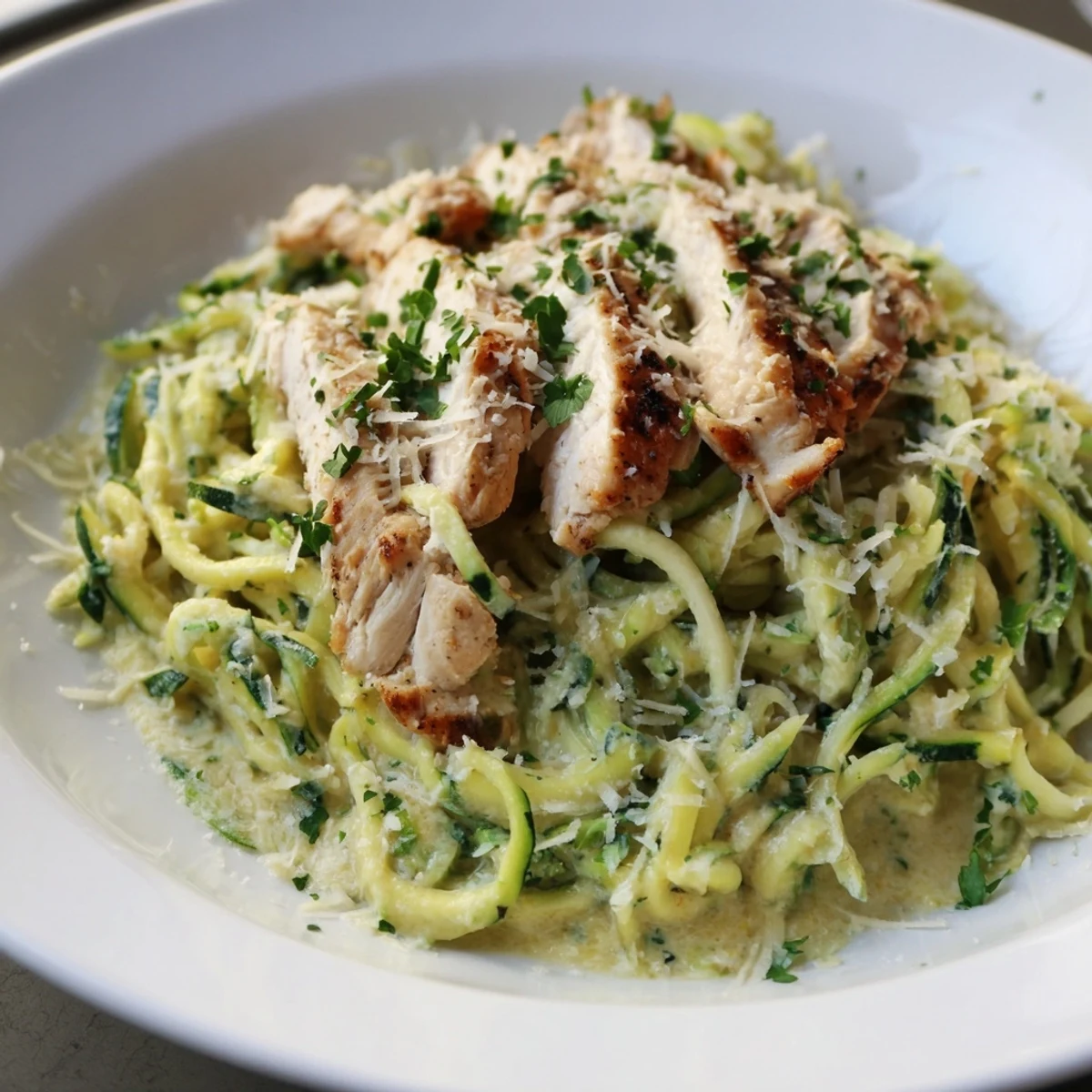 Sizzling golden chicken strips rest atop creamy Chicken Alfredo with zucchini noodles, garnished with parsley and fresh Parmesan.