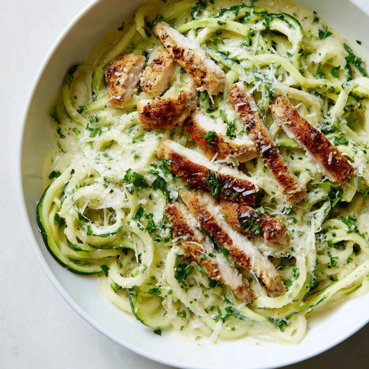 Freshly grated Parmesan melts into the sauce, covering juicy chicken and zucchini noodles, ready to serve with a side salad.