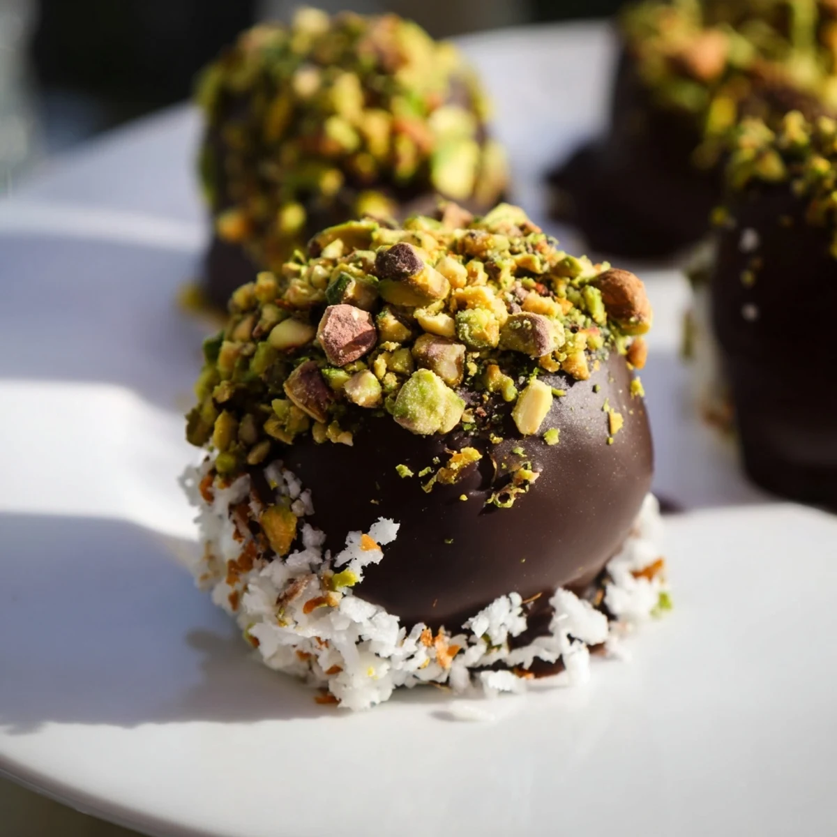 Dip fluffy marshmallows in dark chocolate and top with pistachios.