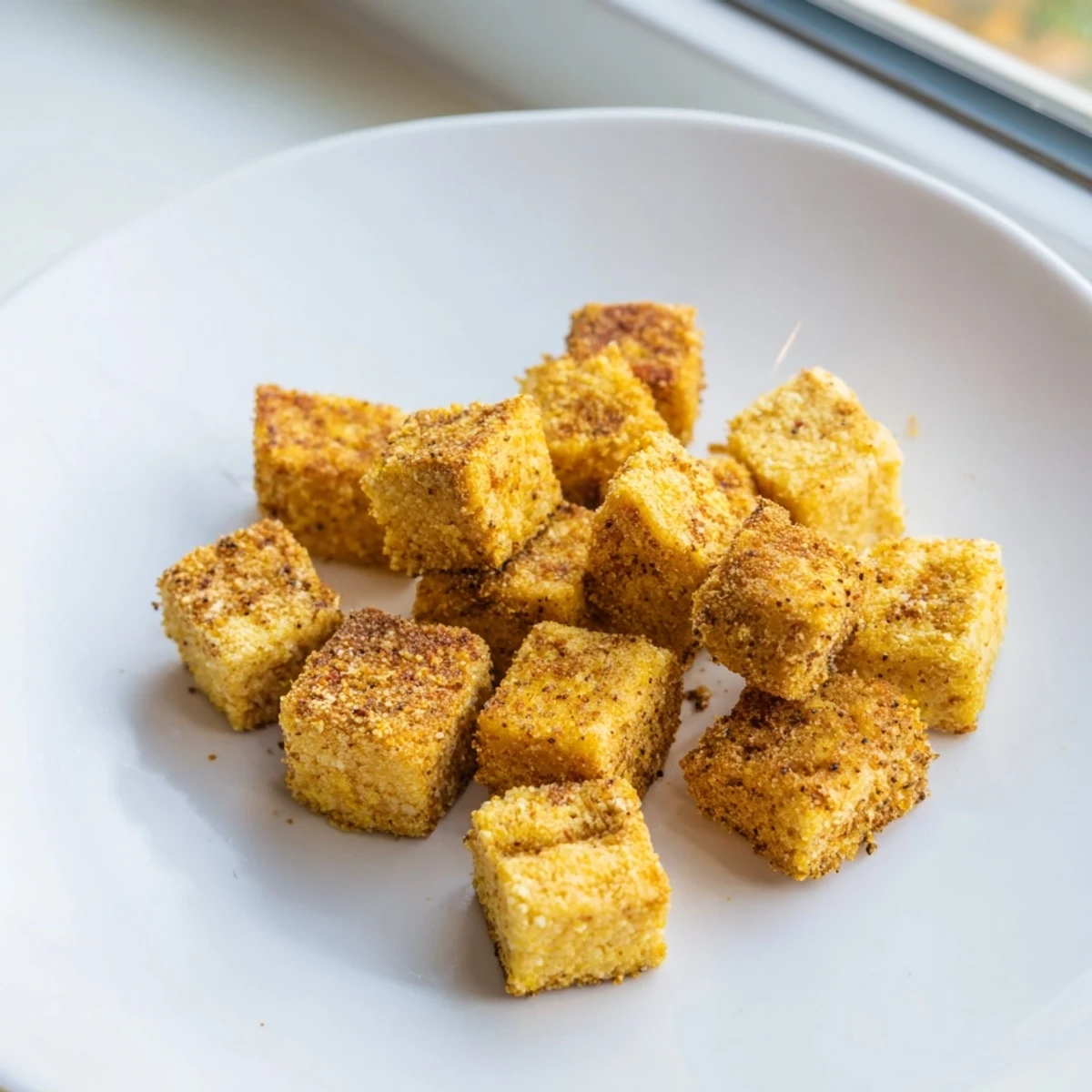 Golden, crispy air fryer tofu cubes with a tender center, perfect for topping a fresh salad or grain bowl.  