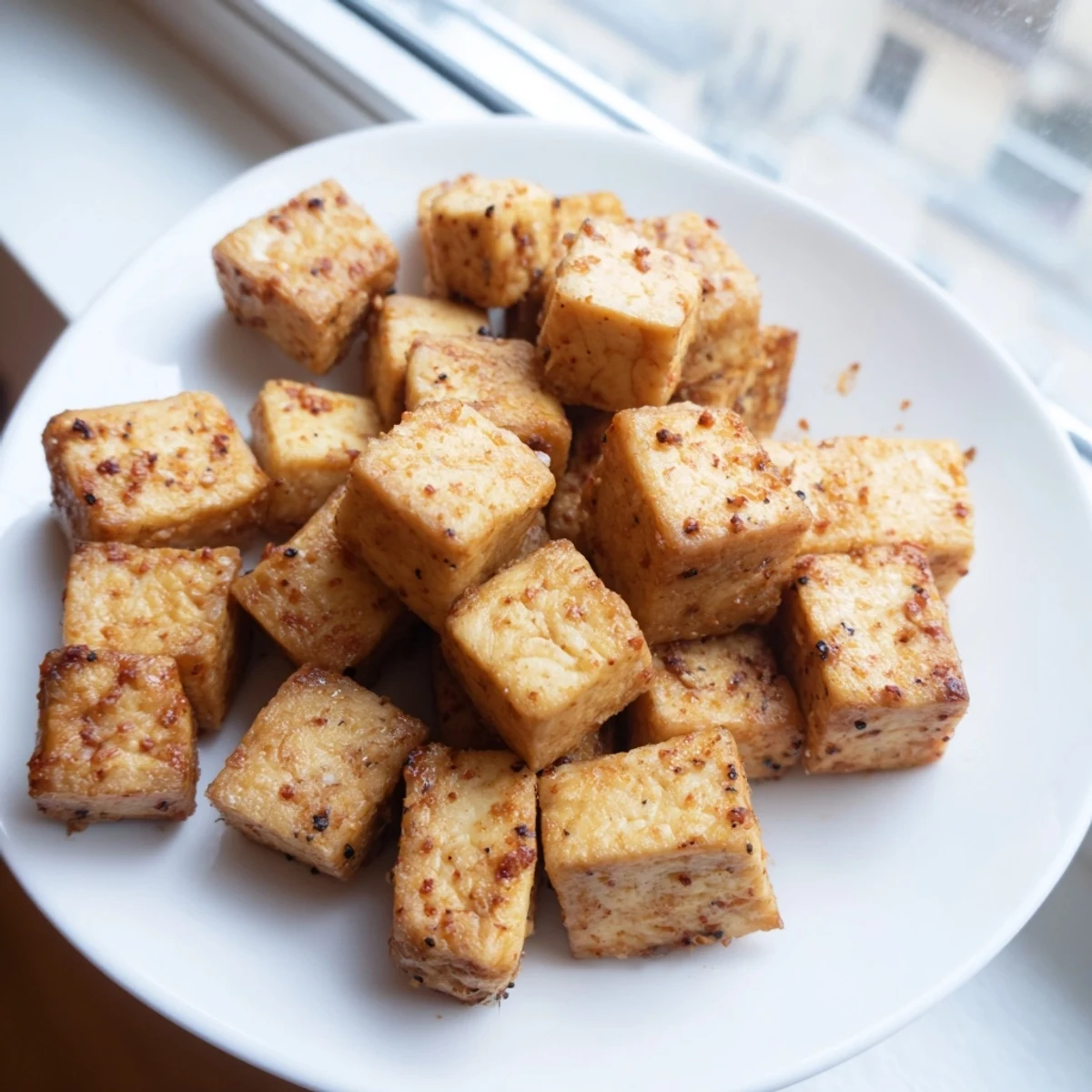 Savory air fryer tofu bites with a smoky garlic flavor, glistening with sesame oil and spices.  