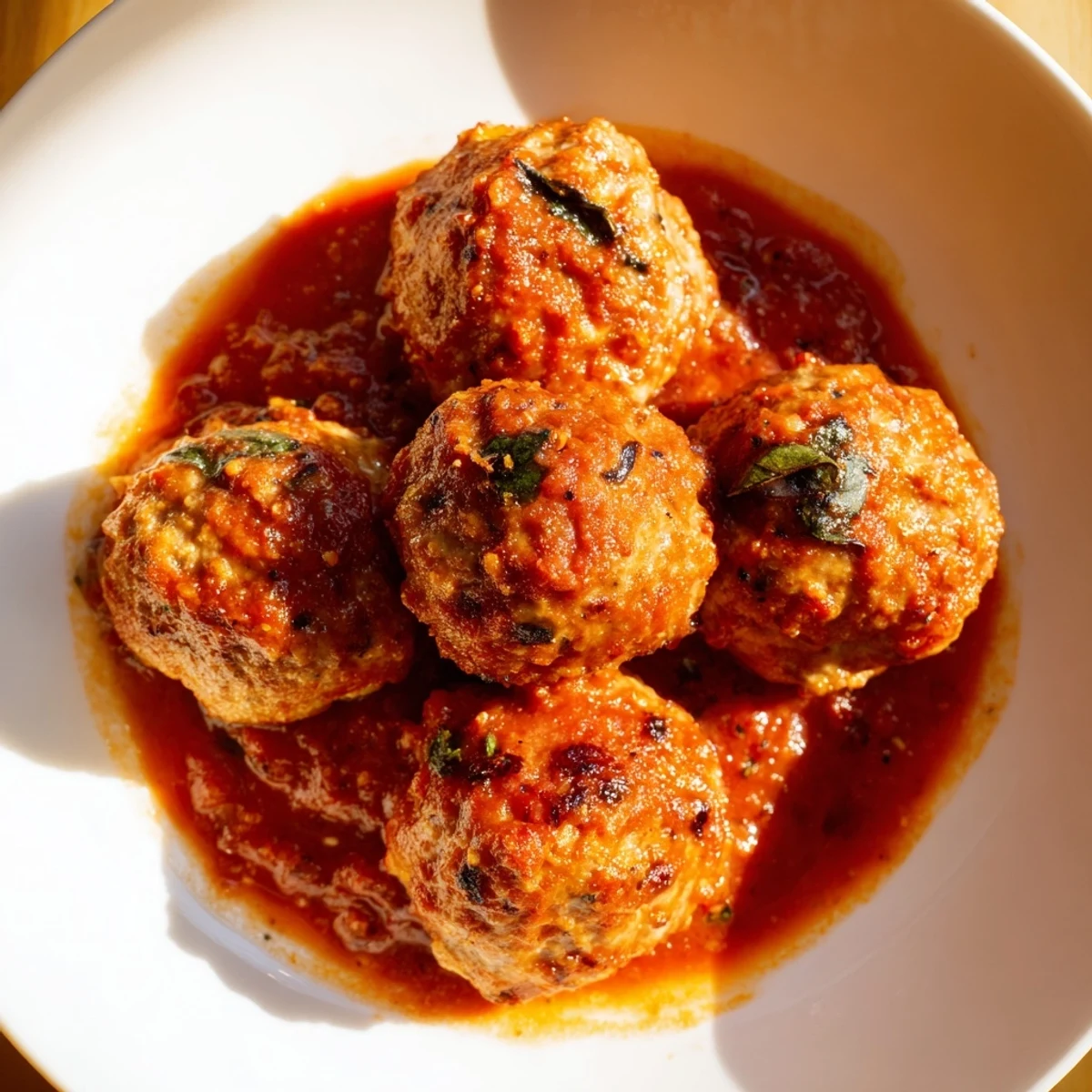 Golden-brown turkey meatballs with marinara sauce served over pasta, garnished with fresh basil and Parmesan cheese.