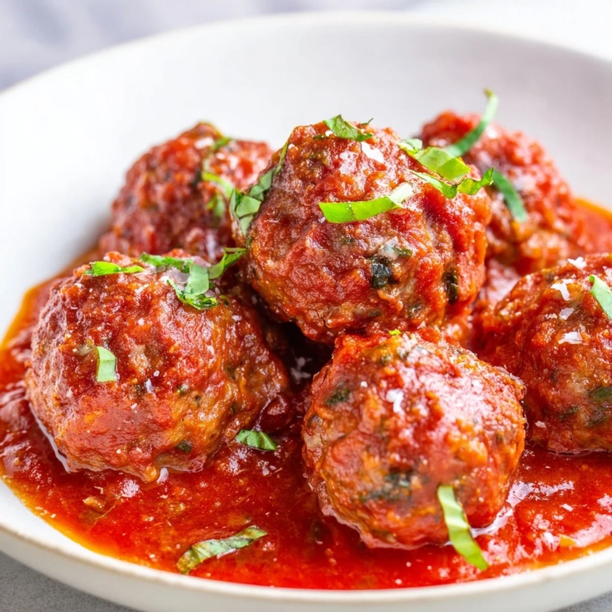 Close-up of tender turkey meatballs with marinara, ready to be enjoyed over polenta or your favorite pasta.