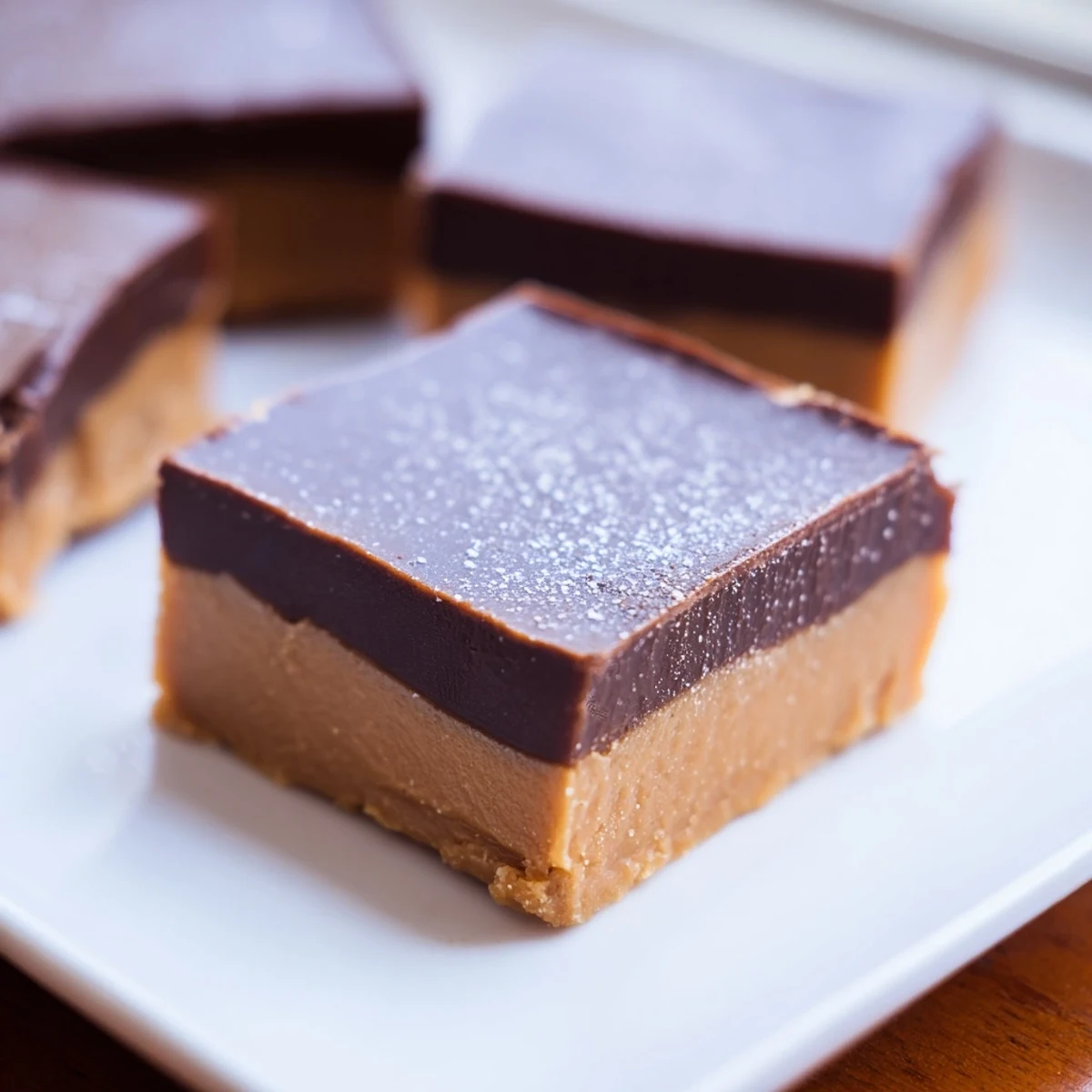 A single block of Chocolate Peanut Butter Fudge rests on a white plate, revealing a perfect cross-section of decadent, fudgy texture and glossy chocolate topping.