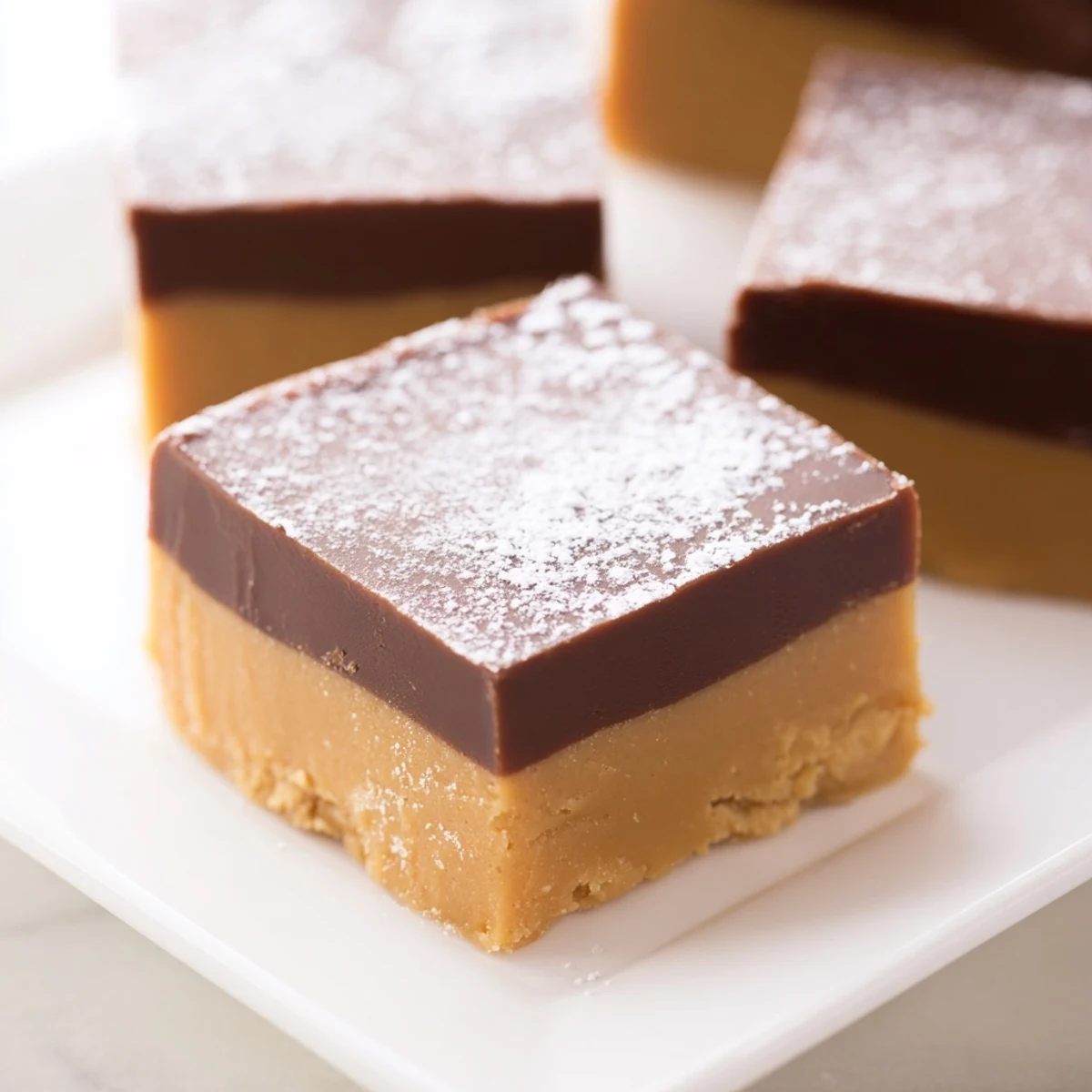 A close-up of homemade Chocolate Peanut Butter Fudge squares, showing the creamy, marbled layers of rich chocolate and smooth peanut butter on a rustic wooden board.