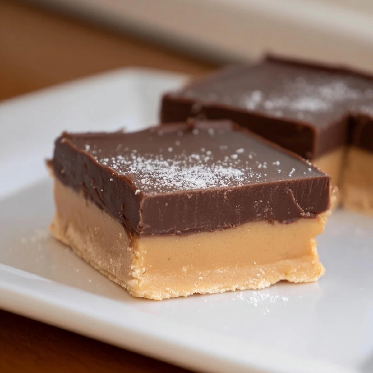 Set for serving, Chocolate Peanut Butter Fudge squares are arranged on a platter, garnished with chopped peanuts and a dusting of cocoa powder.
