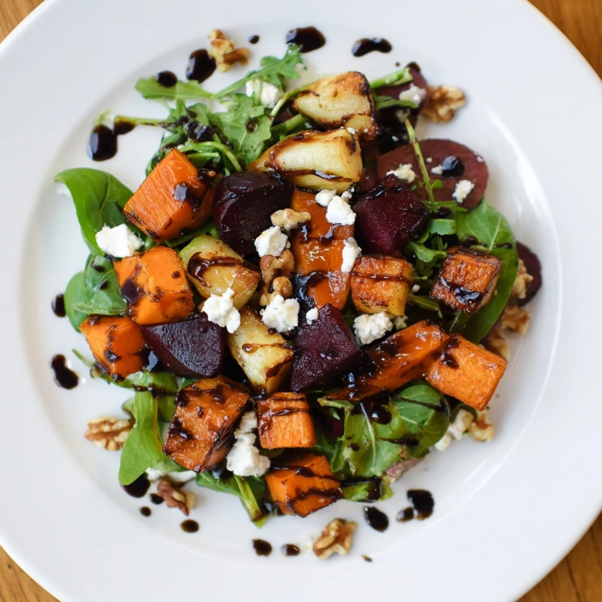 The Roasted Root Vegetable Salad is drizzled with balsamic vinaigrette and served as a vibrant, gluten-free side dish for lunch.