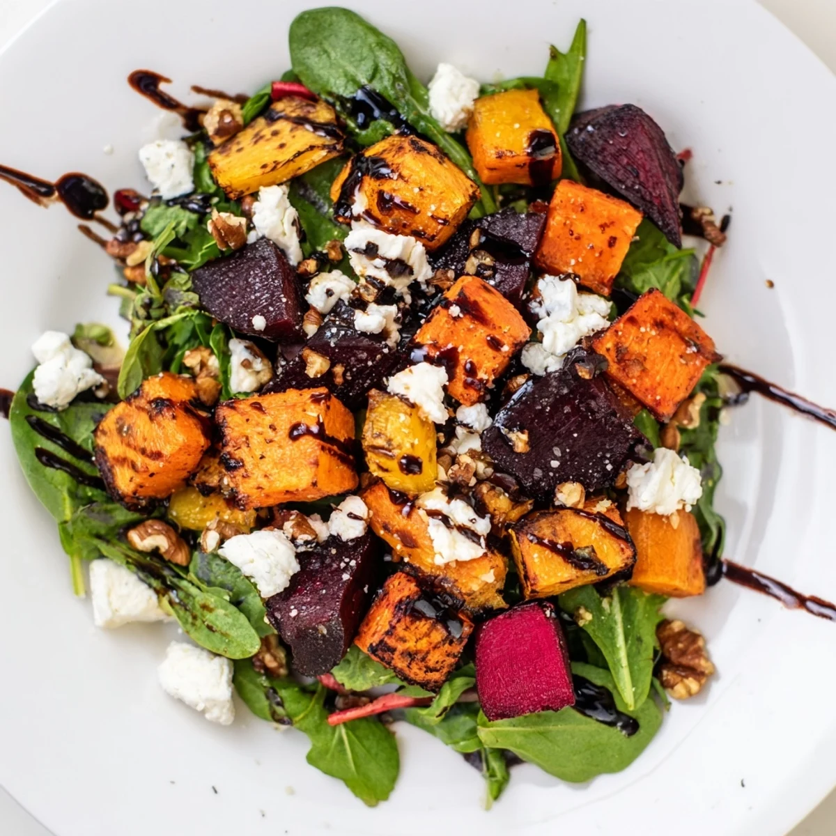 A close-up of the Roasted Root Vegetable Salad shows caramelized beet cubes and crumbled feta topped with crunchy toasted walnuts.