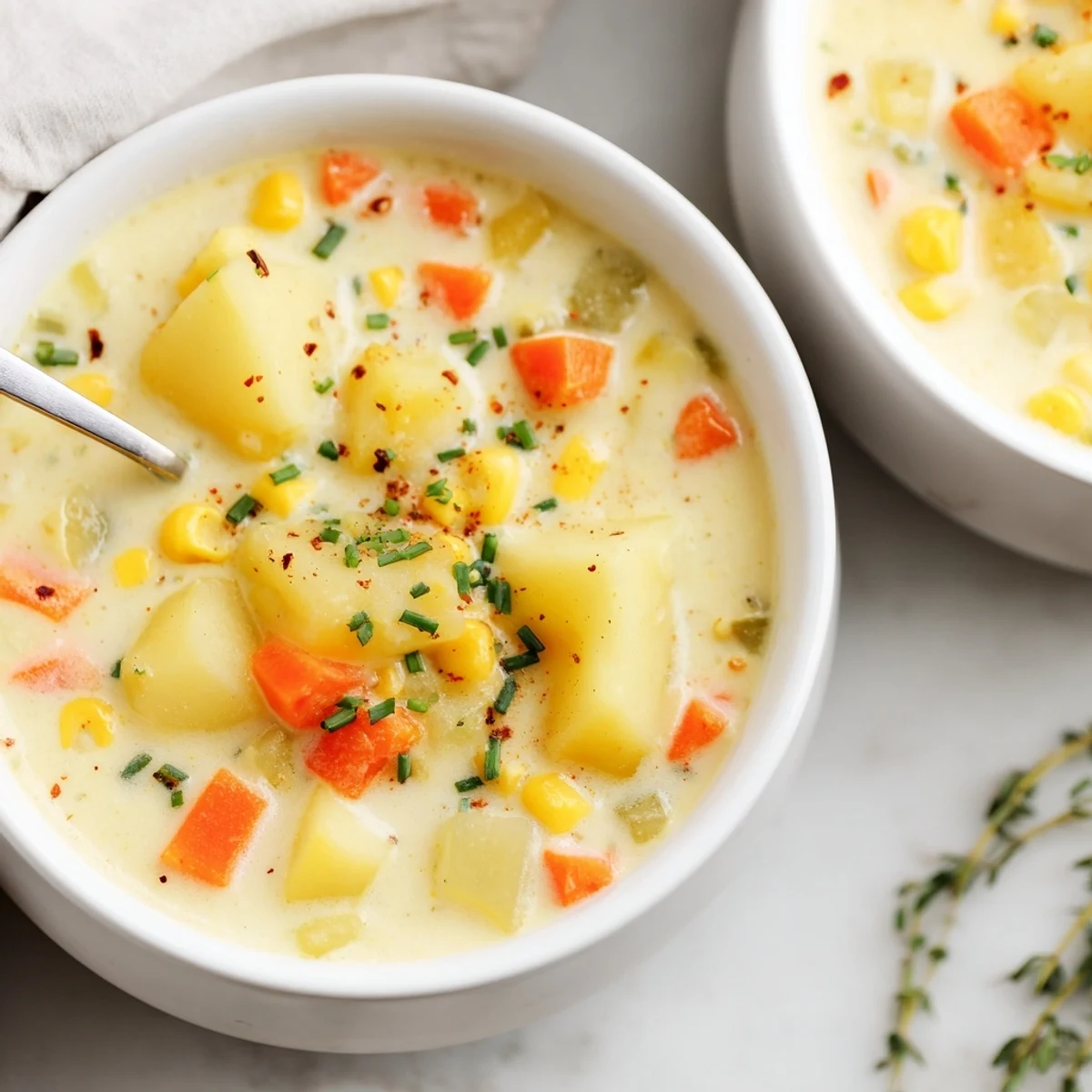 A bowl of creamy corn and potato chowder garnished with fresh chives and a crack of black pepper.