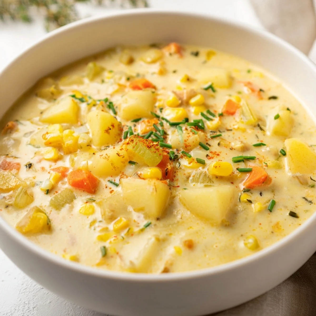 Creamy corn and potato chowder in a rustic pot, showing tender potatoes and sweet yellow corn kernels.
