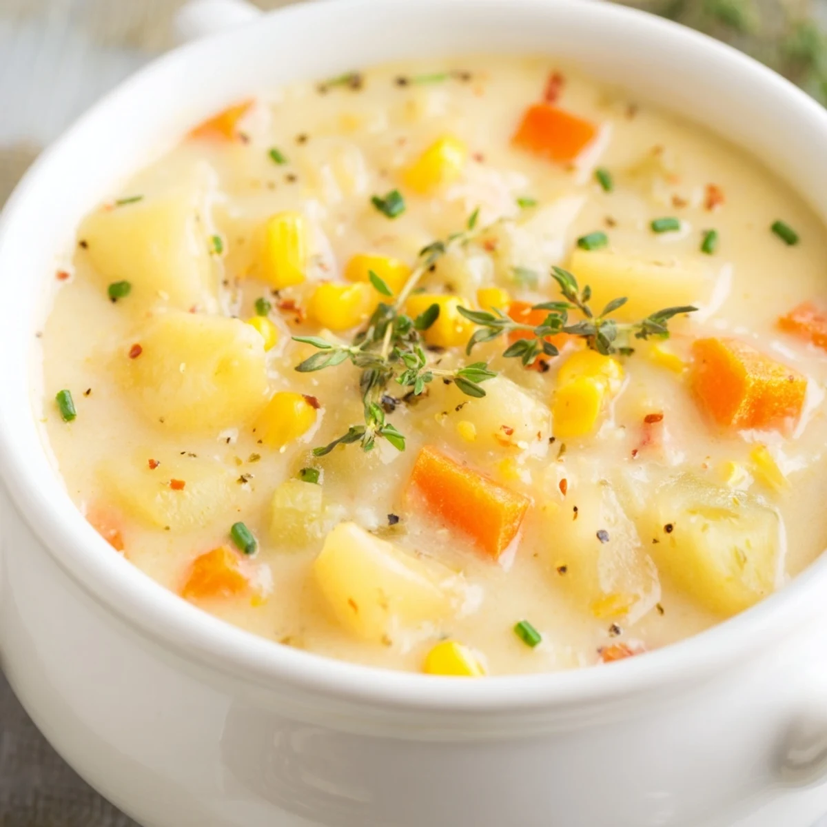 Velvety creamy corn and potato chowder served with crusty bread for dipping on a cozy autumn evening.