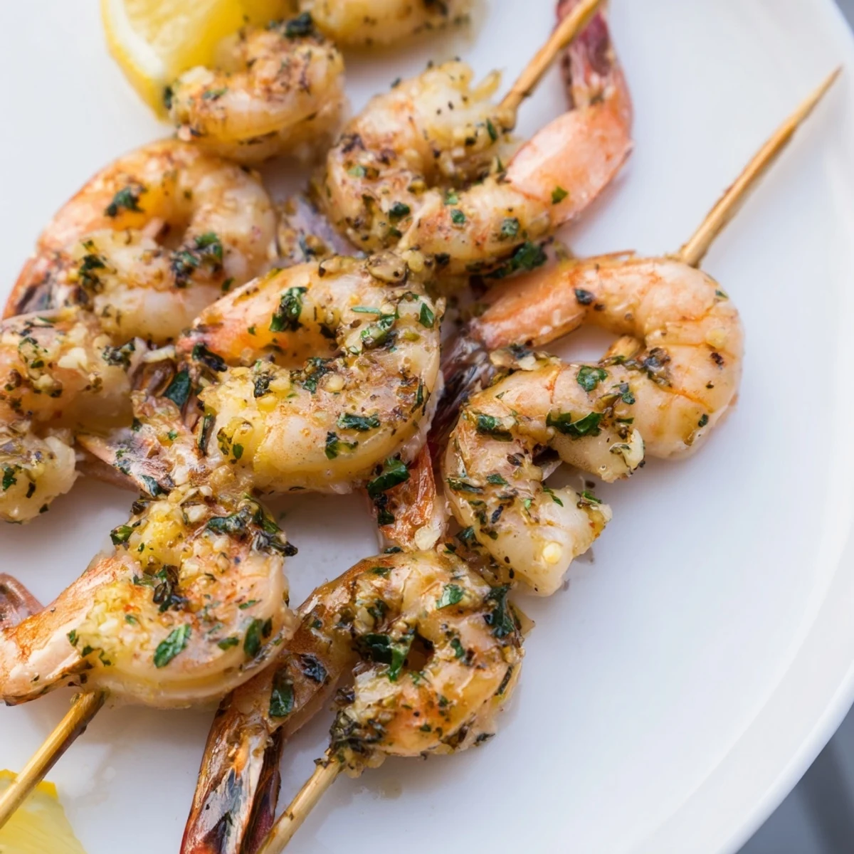 Grilled Lemon Garlic Shrimp Skewers glisten with olive oil and fresh herbs on a platter with lemon wedges.