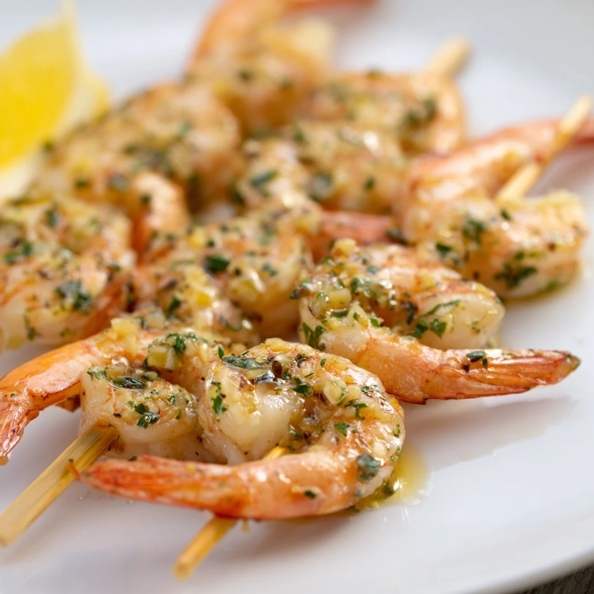 Sizzling Lemon Garlic Shrimp Skewers rest on a grill grate, showcasing a perfect char and vibrant garnish.