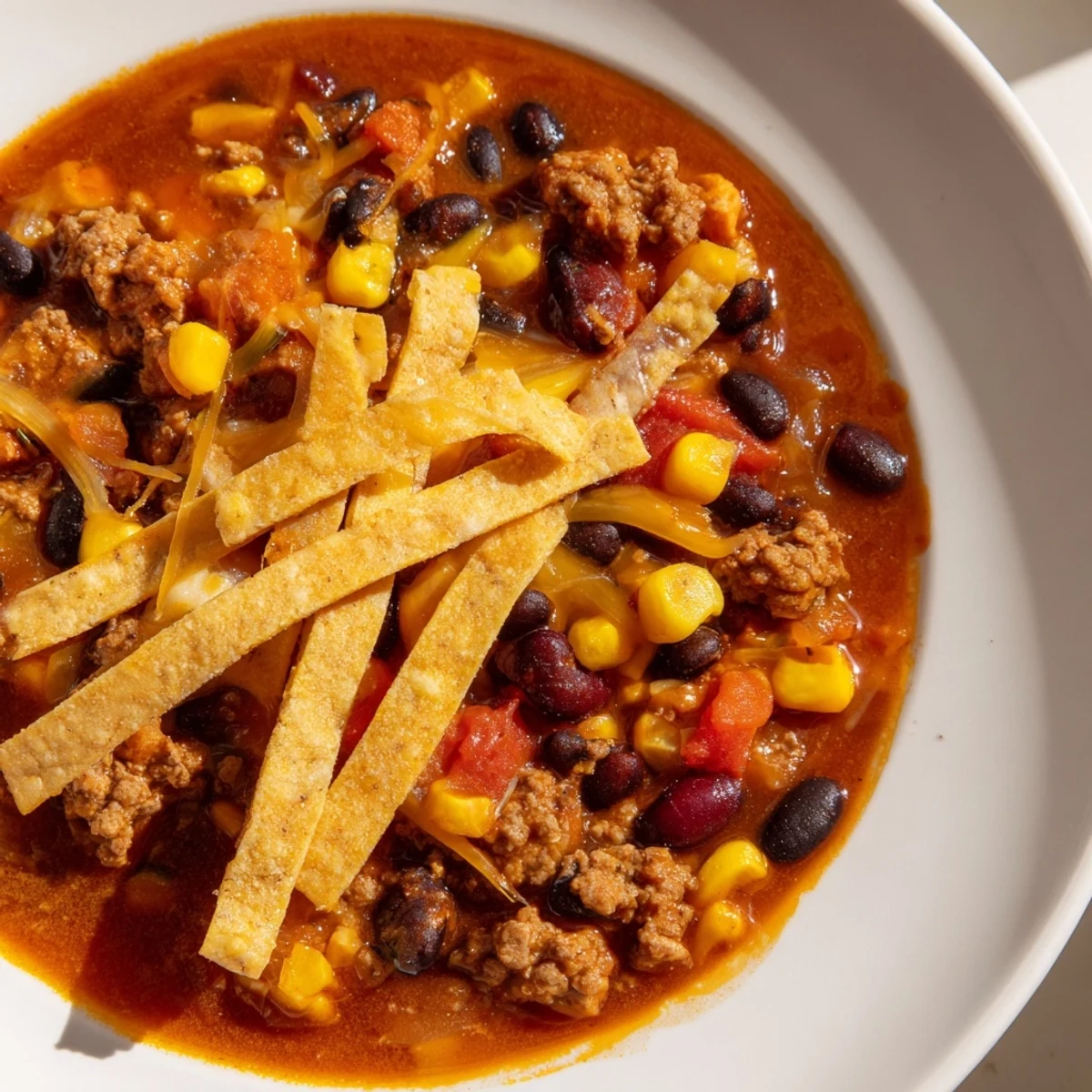 A steaming bowl of Beef Enchilada Soup with golden tortilla strips and a sprinkle of fresh cilantro.  