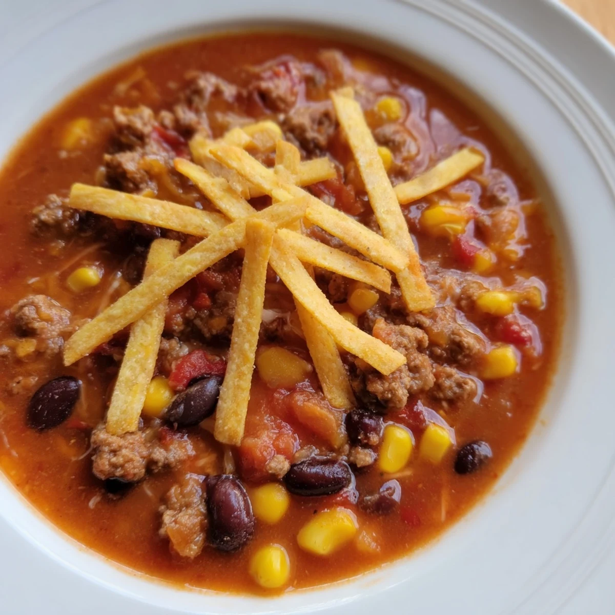 Colorful Beef Enchilada Soup topped with crispy tortilla strips, cheese, and sour cream.