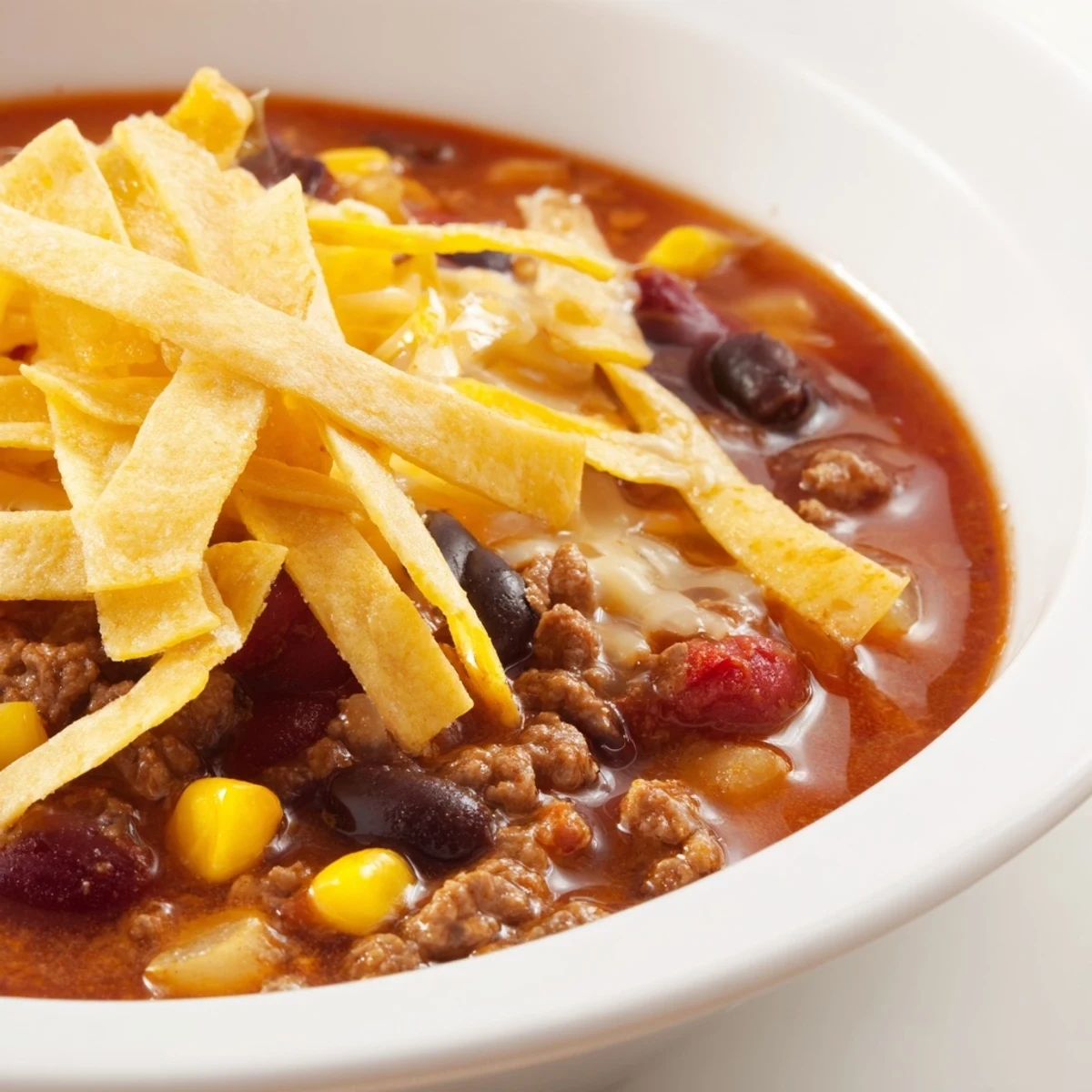 Hearty ground beef and bean soup served with crunchy baked tortilla strips and a lime wedge.  