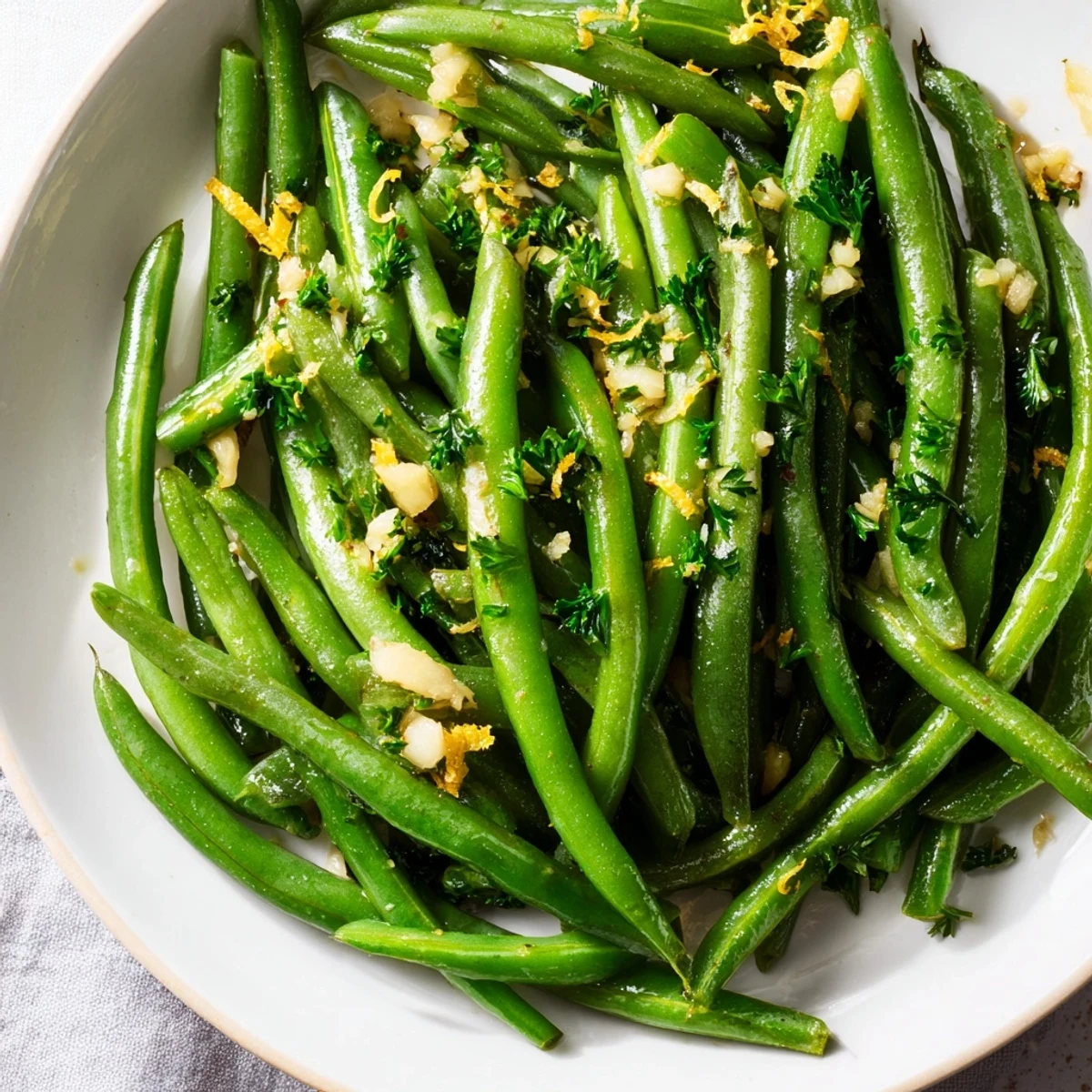Bright green beans tossed with fragrant garlic and fresh lemon zest in a warm skillet.