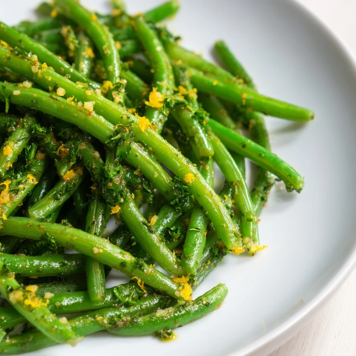 Steamed green beans brightened by lemon juice and garlic, served warm alongside a roasted main course.