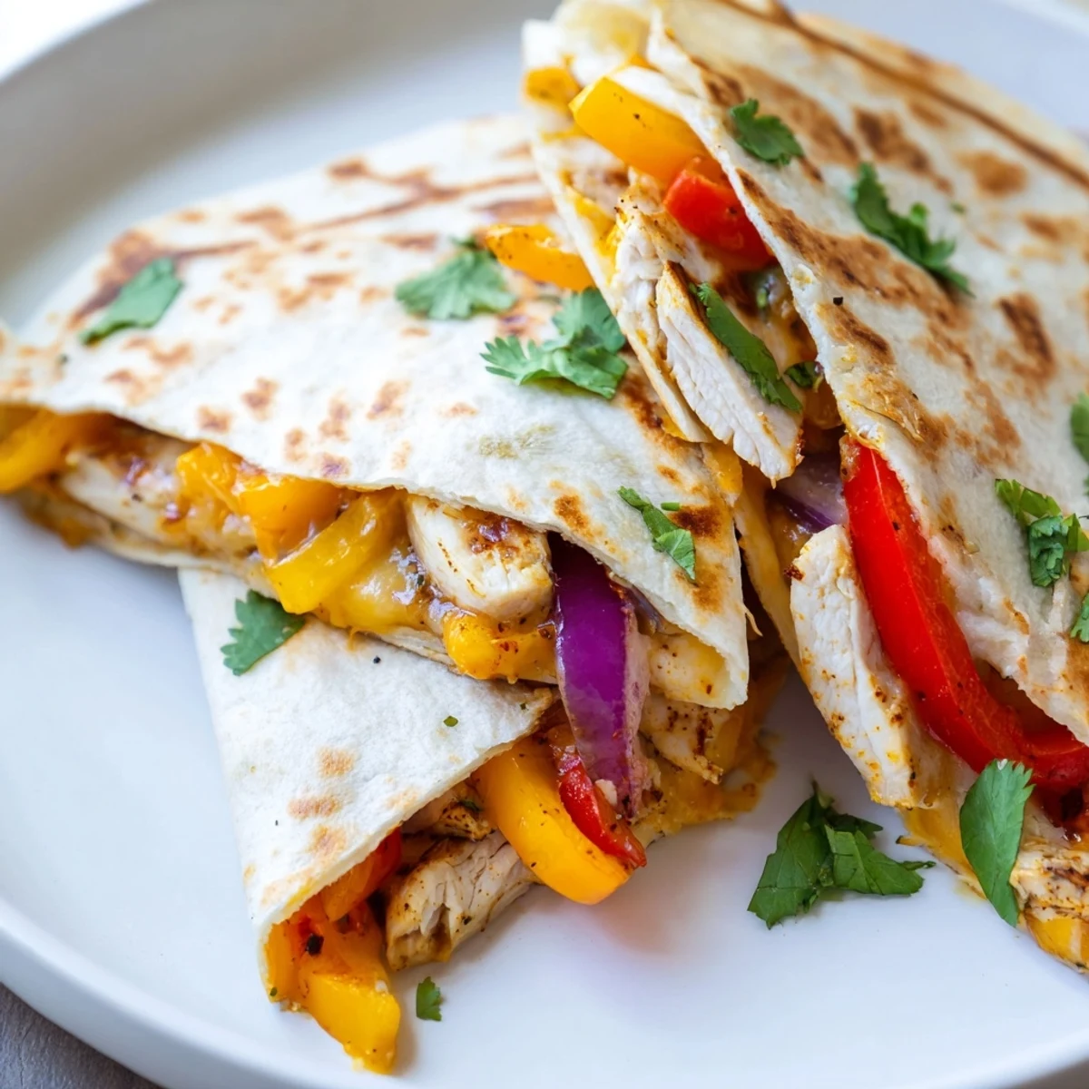 Crispy golden Chicken Quesadillas with Peppers, filled with tender spiced chicken and sautéed colorful bell peppers and onions.  