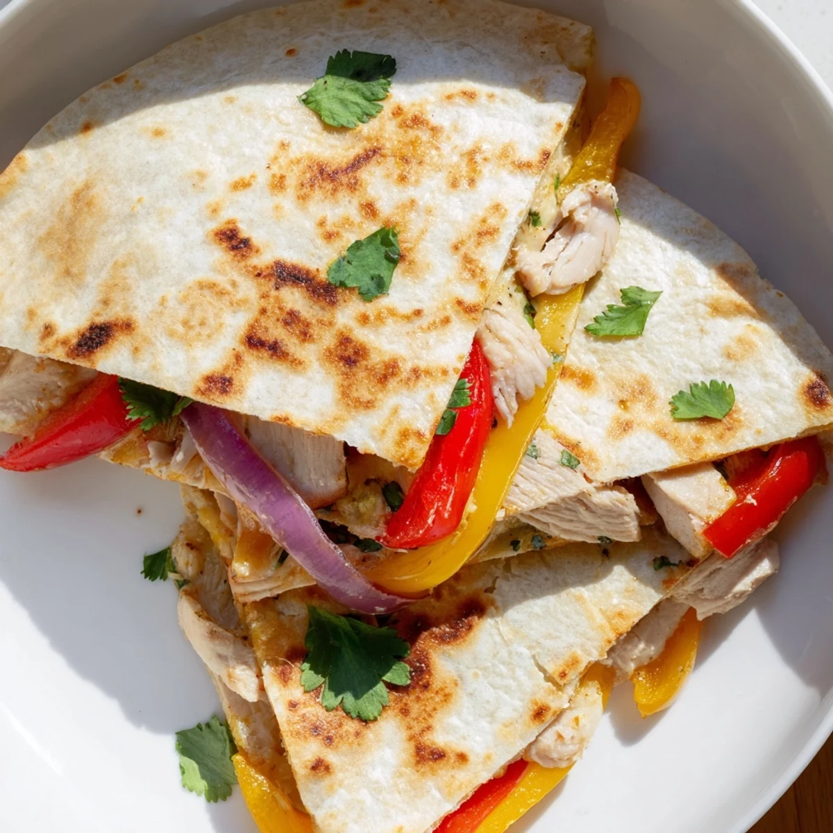 Freshly cooked Chicken Quesadillas with Peppers, melted cheddar and mozzarella, served with salsa and sour cream on the side.  