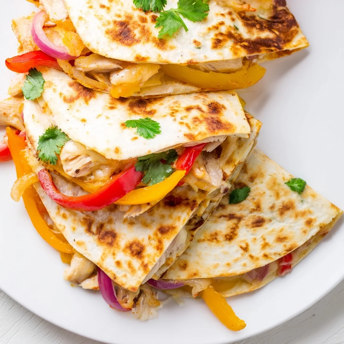 Golden-brown Chicken Quesadillas with Peppers, featuring juicy chicken, caramelized peppers, and melted cheese inside a warm flour tortilla.