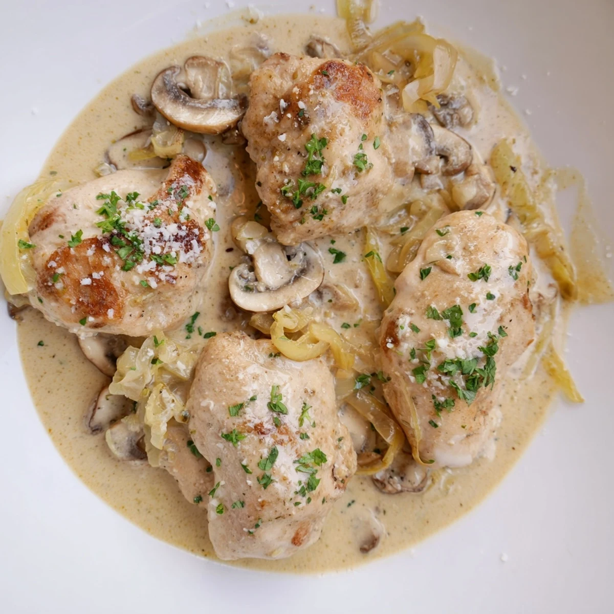 Golden-brown seared chicken breasts nestled in a creamy mushroom sauce with fresh thyme in a cast iron skillet.
