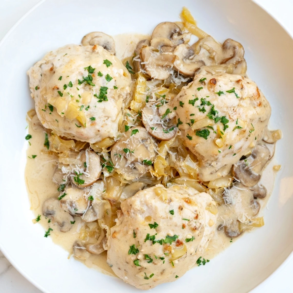 Creamy Mushroom Chicken Skillet, a gluten-free one-pan dinner, served over mashed potatoes with a sprinkle of fresh parsley.