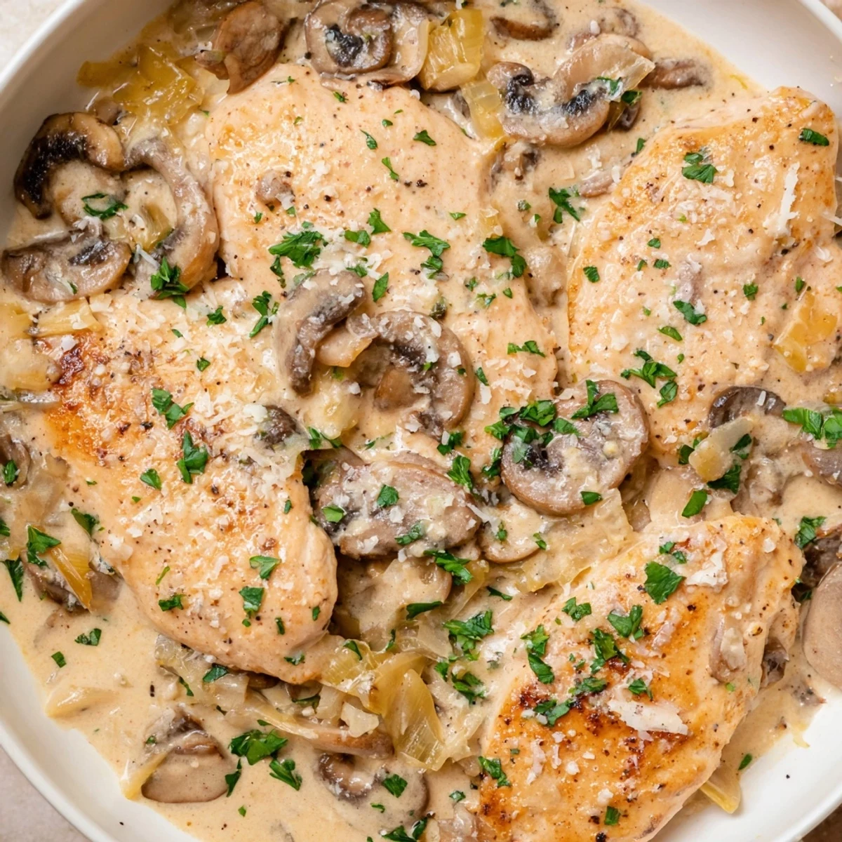 Tender chicken in a rich, garlicky mushroom cream sauce, ready for a cozy weeknight meal, garnished with fresh thyme.