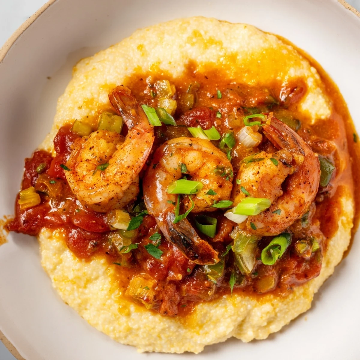Southern Creole shrimp and grits served hot, garnished with fresh parsley and green onions.