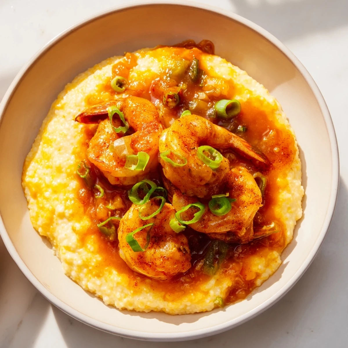 Crispy Creole shrimp and creamy cheddar grits smothered in a vibrant, spicy tomato gravy.