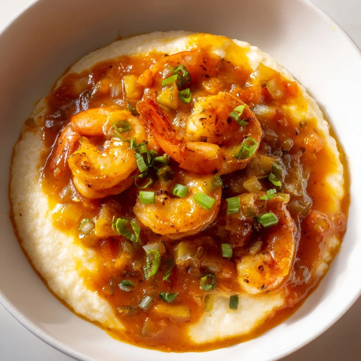A steaming bowl of Creole shrimp and grits with rich tomato gravy for a cozy meal.